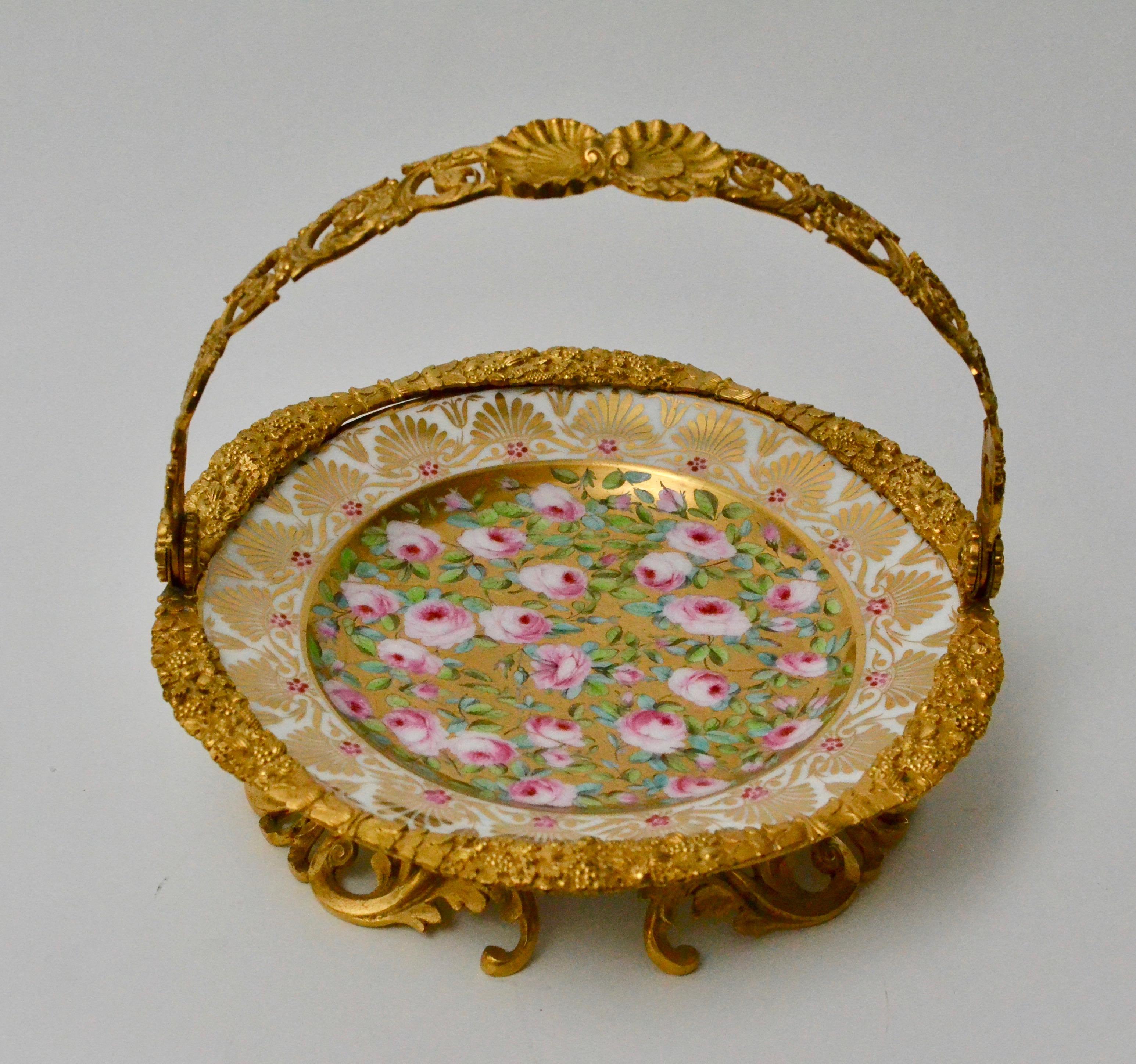 Cake Stand Ormolu Mounted Painted Porcelain Plate with a Gilt Bronze Handle 1