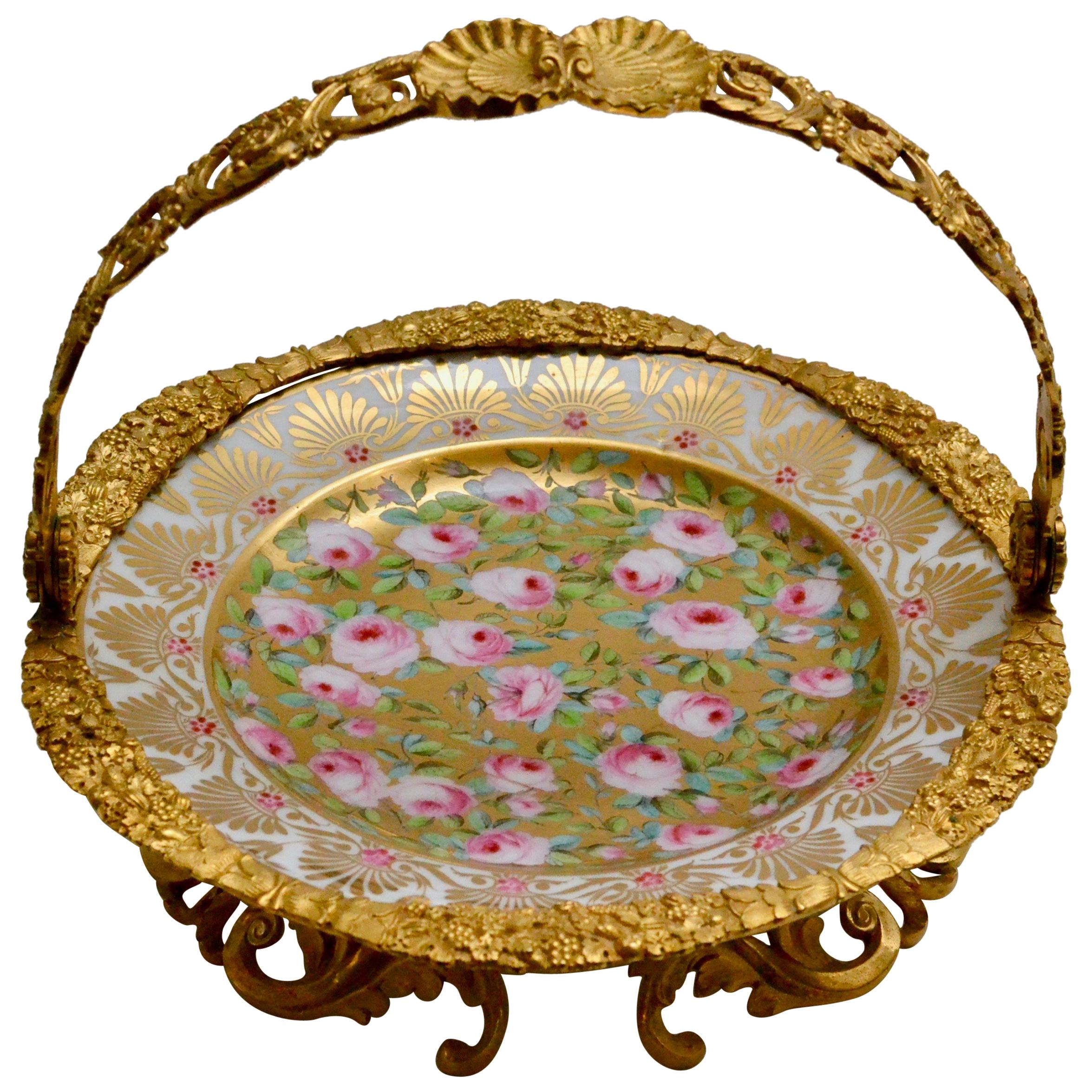 Cake Stand Ormolu Mounted Painted Porcelain Plate with a Gilt Bronze Handle