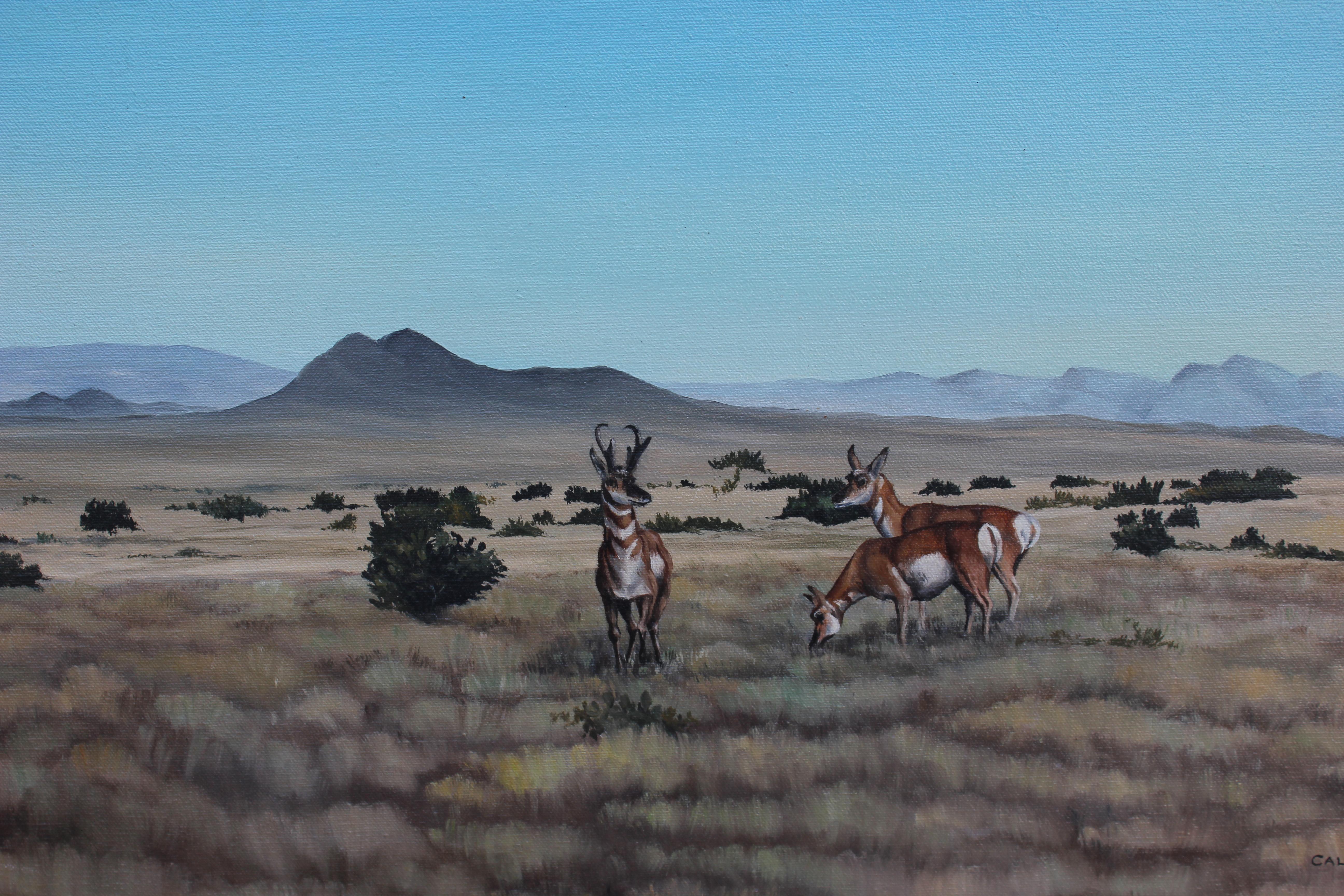 Desert-Wüstenlandschaft, Gemälde von drei Adlerschwanz-Antilopen – Painting von Cal Dean Hill Jr.