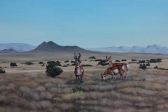 Desert Landscape Painting of Three Pronghorn Antelopes