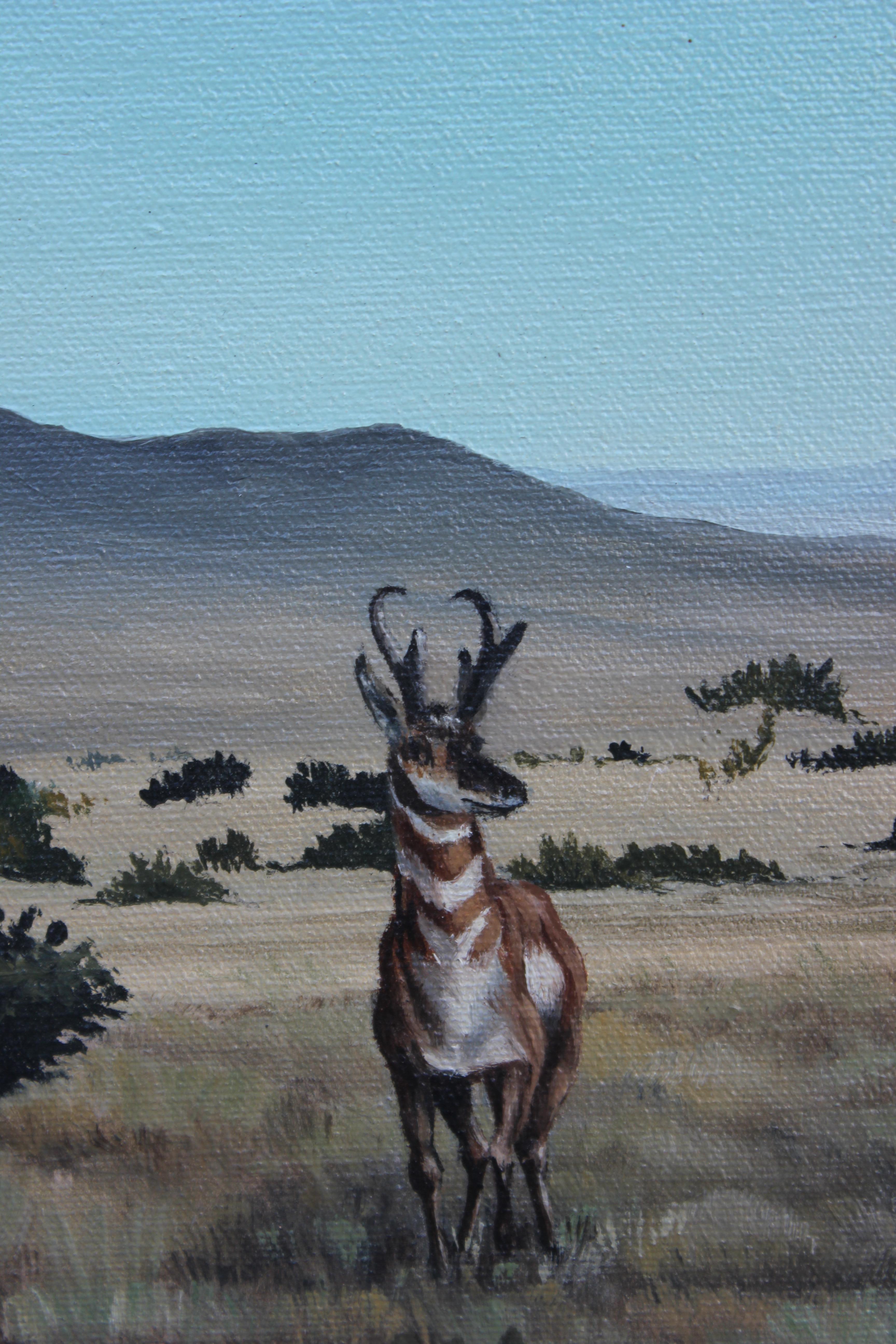 Desert-Wüstenlandschaft, Gemälde von drei Adlerschwanz-Antilopen (Realismus), Painting, von Cal Dean Hill Jr.