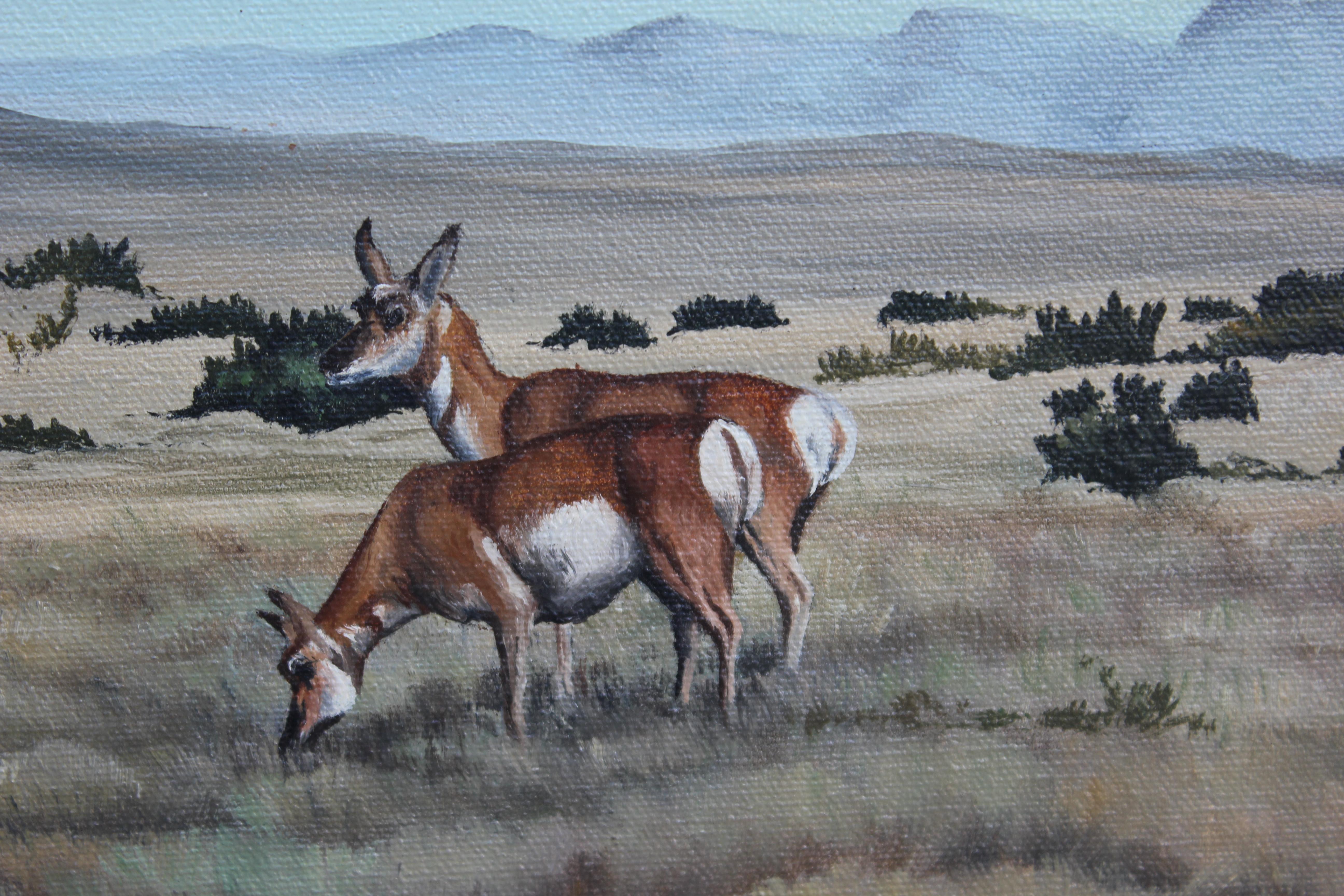 Desert-Wüstenlandschaft, Gemälde von drei Adlerschwanz-Antilopen (Blau), Animal Painting, von Cal Dean Hill Jr.