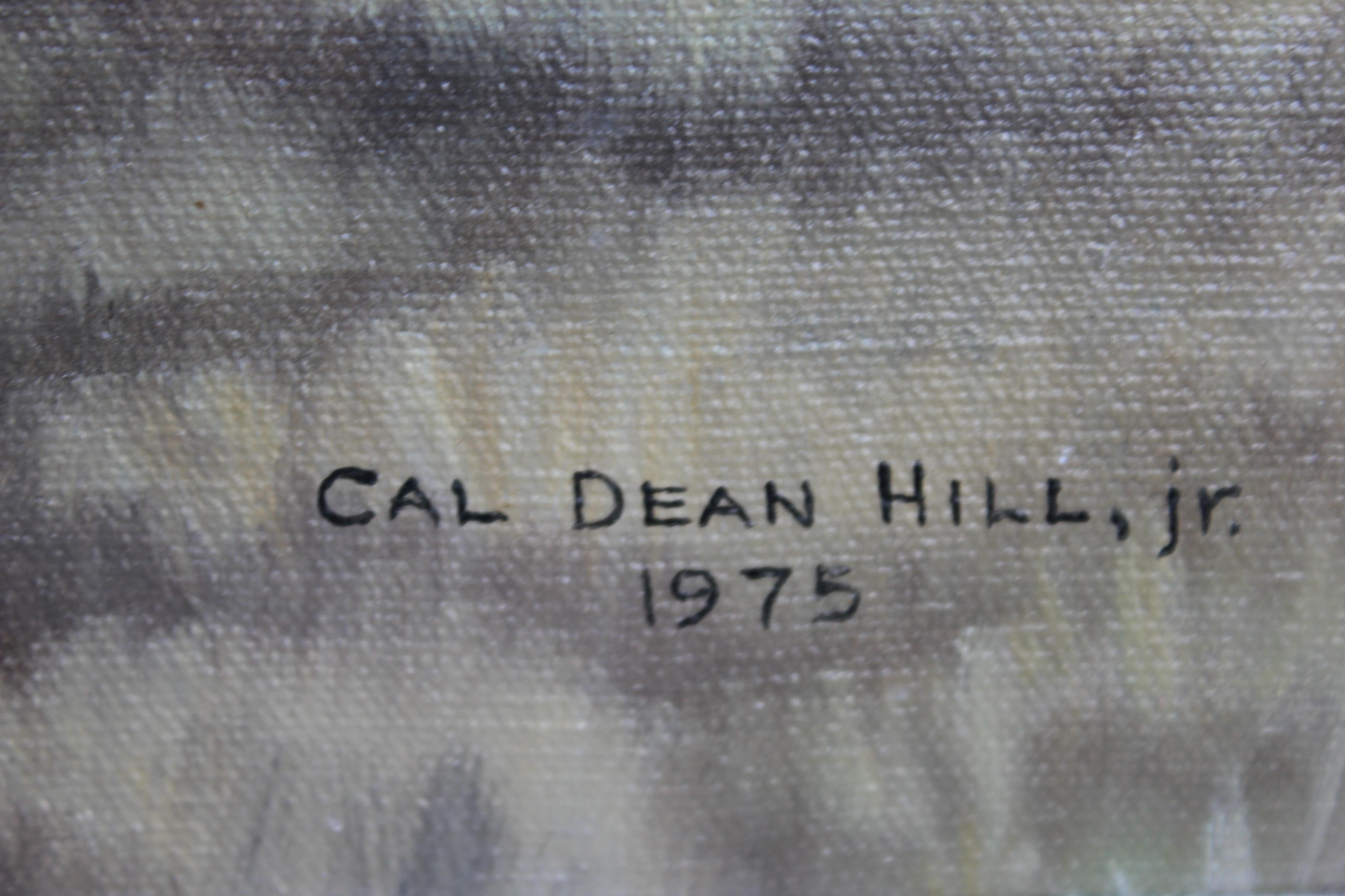 Realistisches Ölgemälde einer Wüstenlandschaft mit Gabelbockantilopen und einer Bergkette in der Ferne von Cal Dean Hill Jr. aus Houston aus dem Jahr 1975. Signiert und datiert in der rechten unteren Ecke. Aufgehängt in einem zweifarbigen Rahmen in