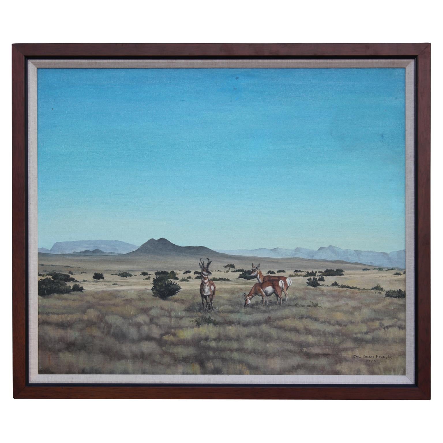 Cal Dean Hill Jr. Animal Painting - Desert Landscape Painting of Three Pronghorn Antelopes