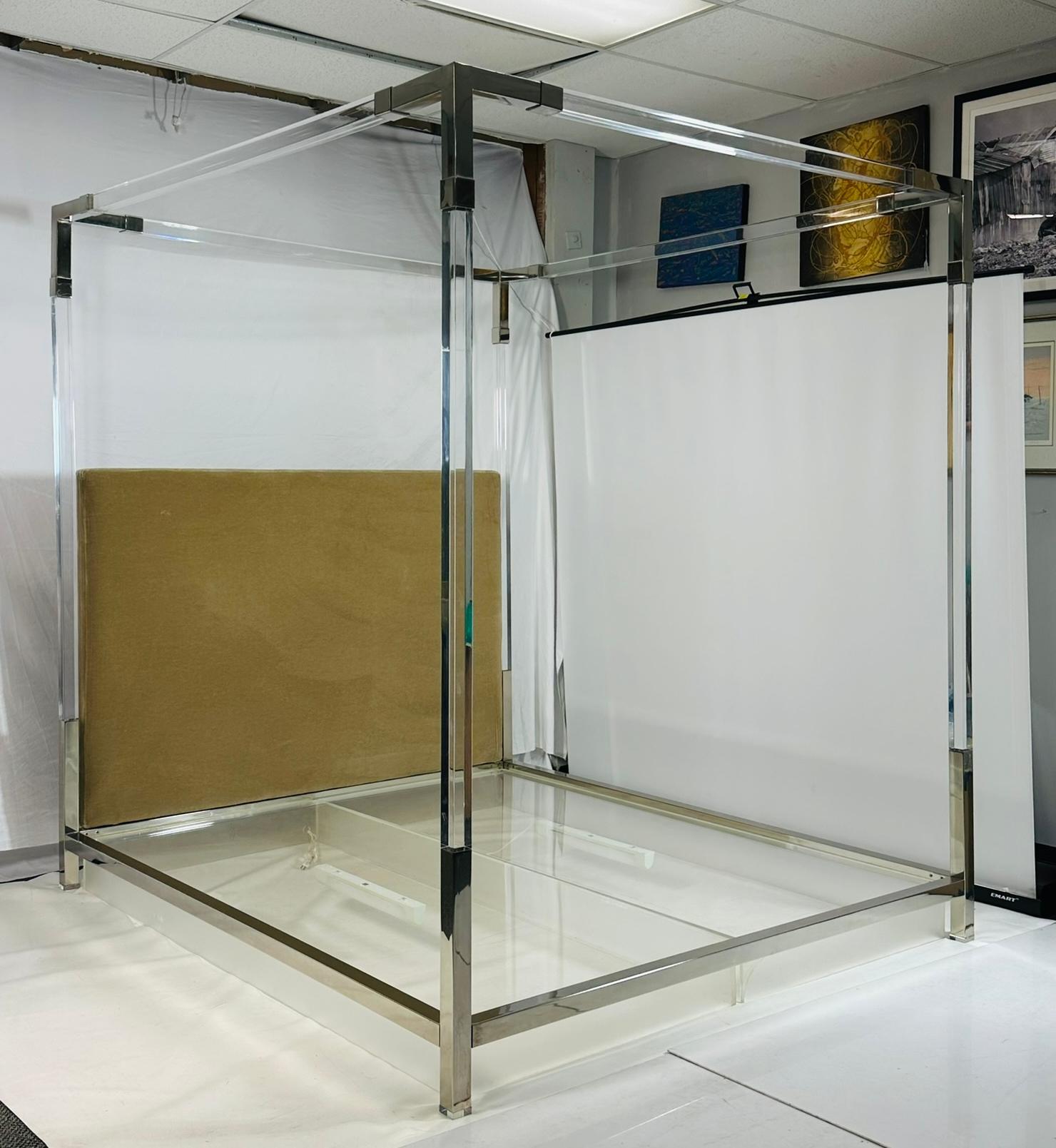 American Cal-King 4 Poster Bed in Polished Nickel & Lucite by Charles Hollis Jones For Sale