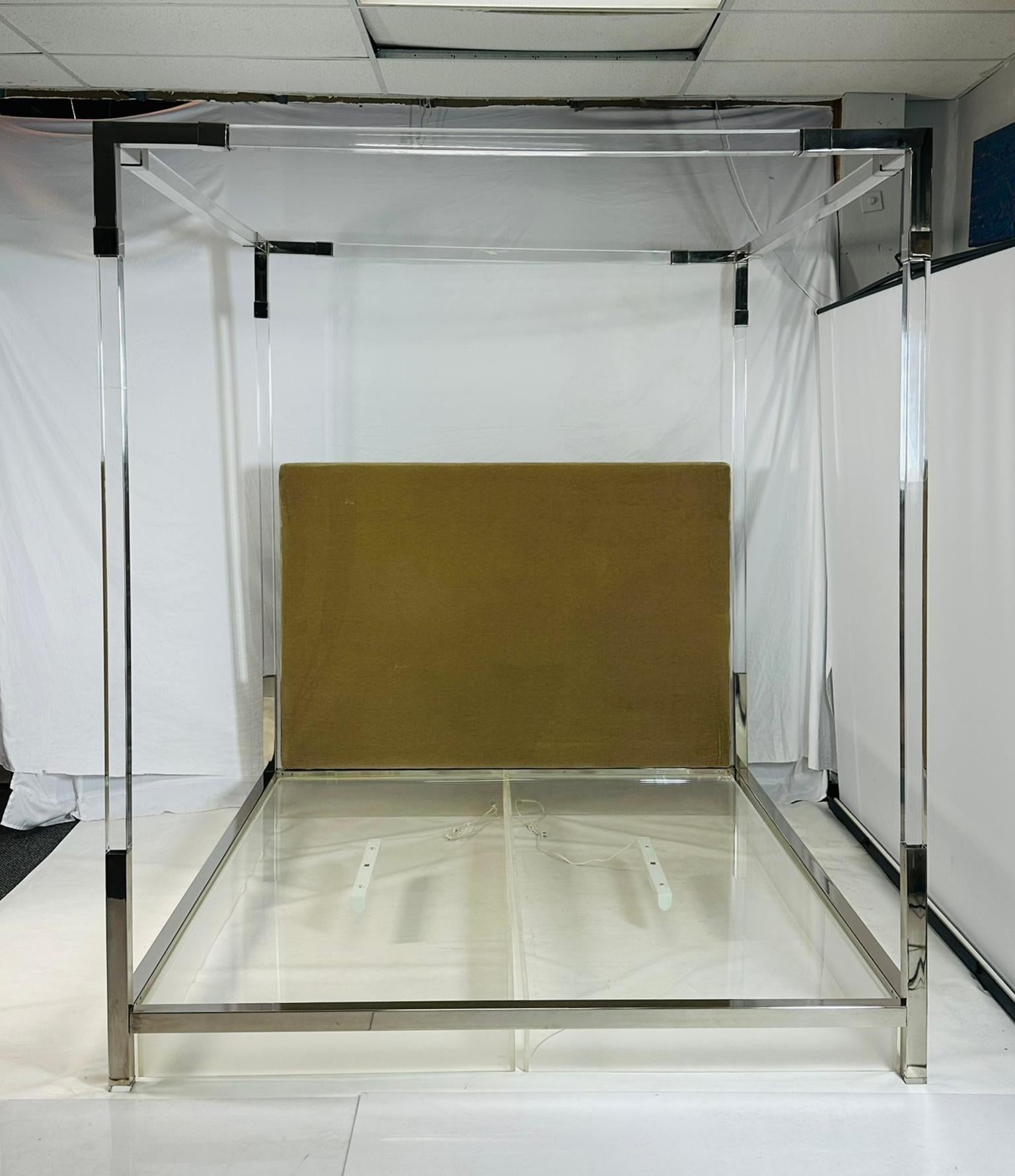 Hand-Crafted Cal-King 4 Poster Bed in Polished Nickel & Lucite by Charles Hollis Jones For Sale