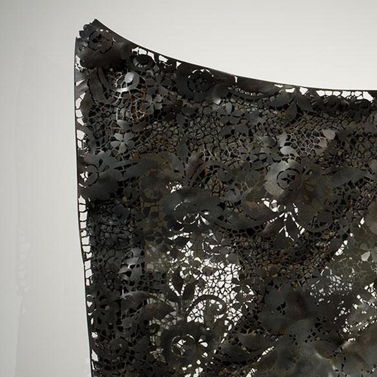 Text by Sophie Lynch	

For the exhibition Veiled Hoods and Stains, Cal Lane combines delicate lacework and discarded steel car and truck hoods to create two series of related works. Traditionally used as a symbol of purity to adorn clerical robes,