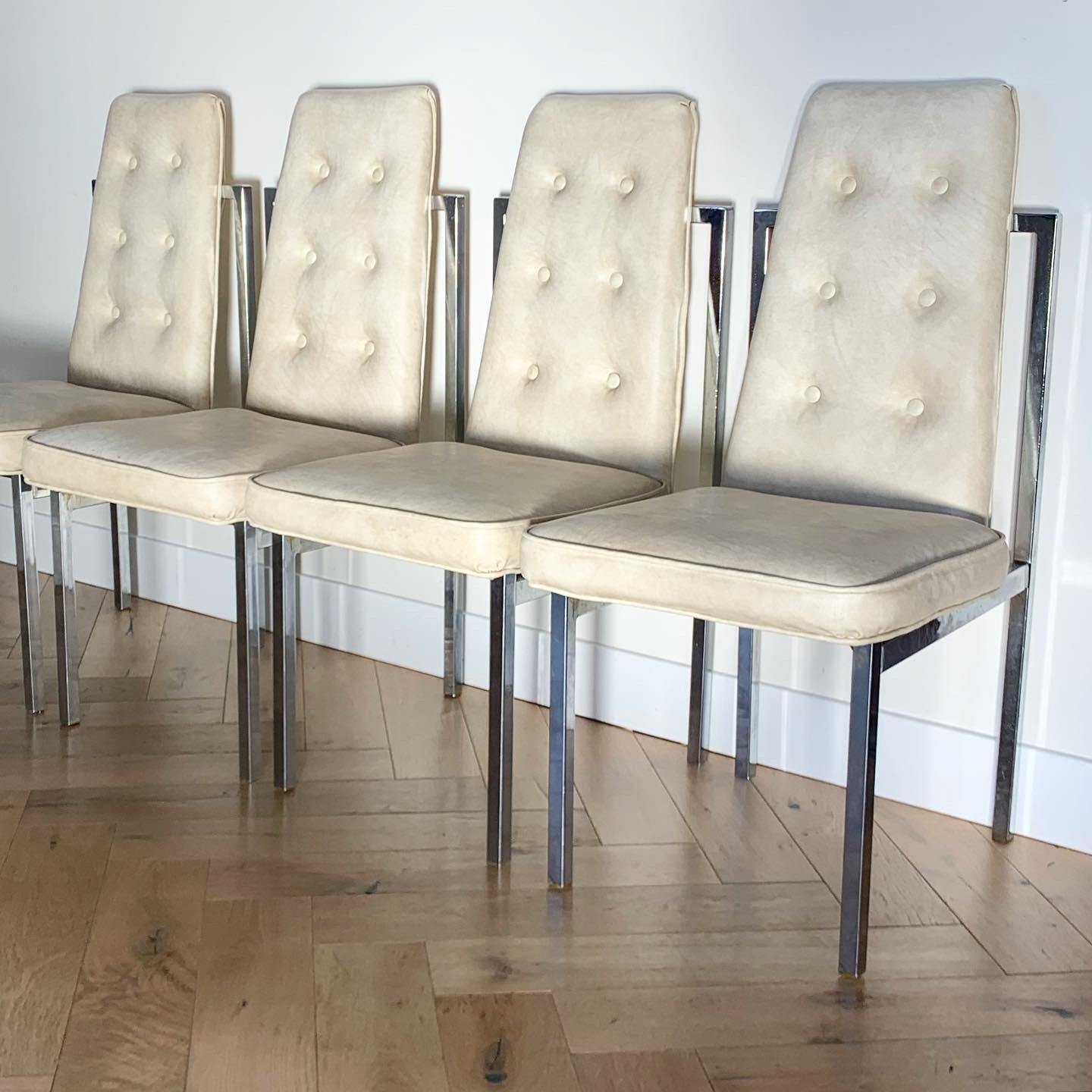 Mid-Century Modern Cal-Style Ivory Leather and Chrome Dining Chairs, circa 1972