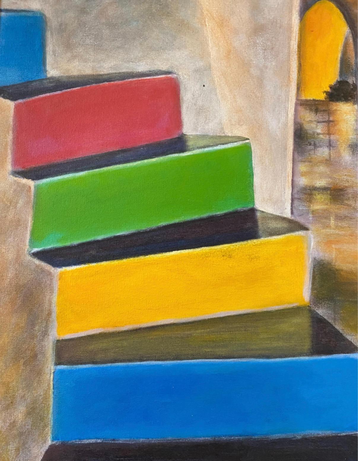 Vibrant rendition of the unique stairwell of the iconic Hotel Cala di Volpe. The stairwell is a famous element of the hotel, designed by architect Jacques Couëlle on the Costa Smereda of Sardegna, Italy. Oil on canvas. In brass frame and ready to