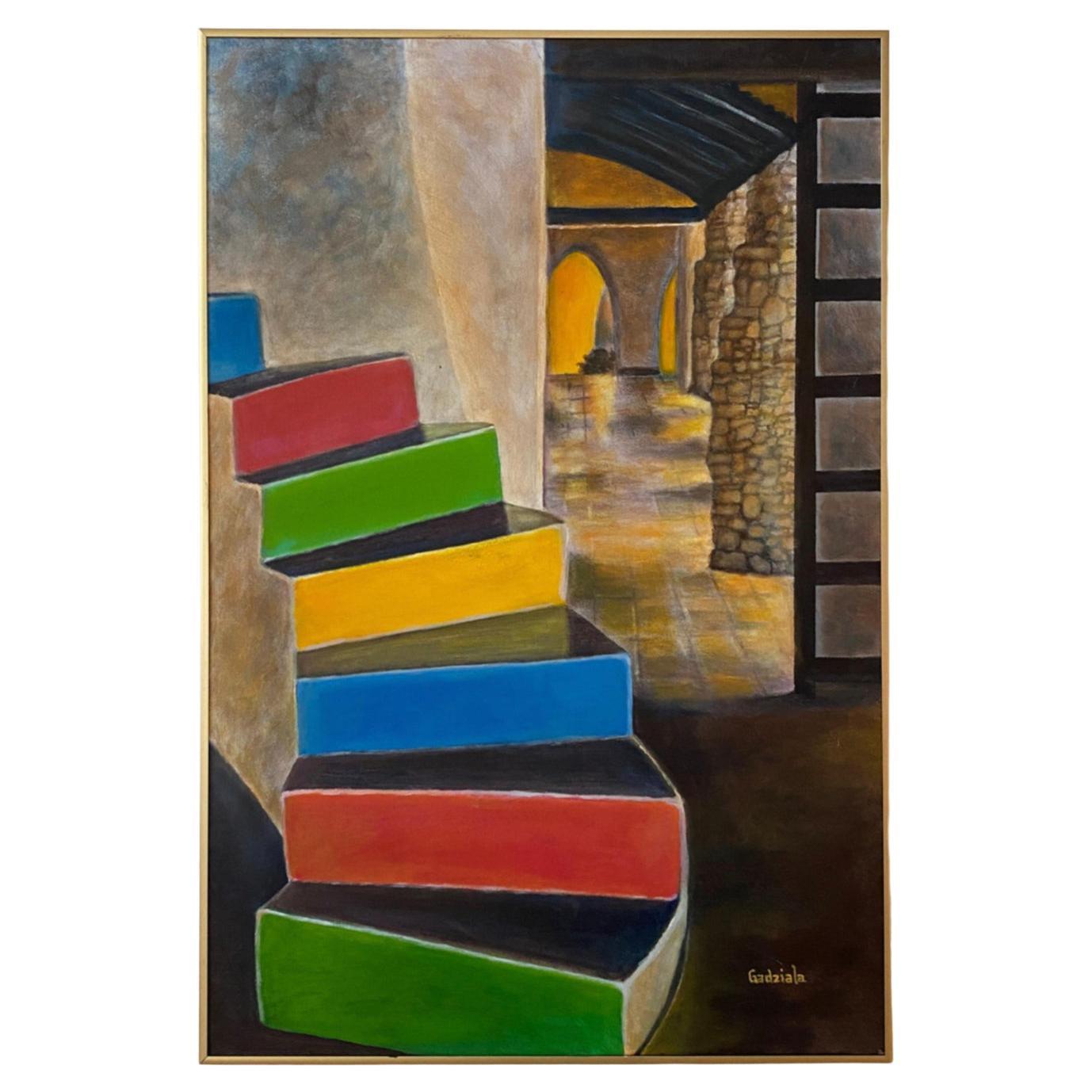 "Cala Di Volpe Stairway" Oil on Canvas Painting, Signed Gadziela
