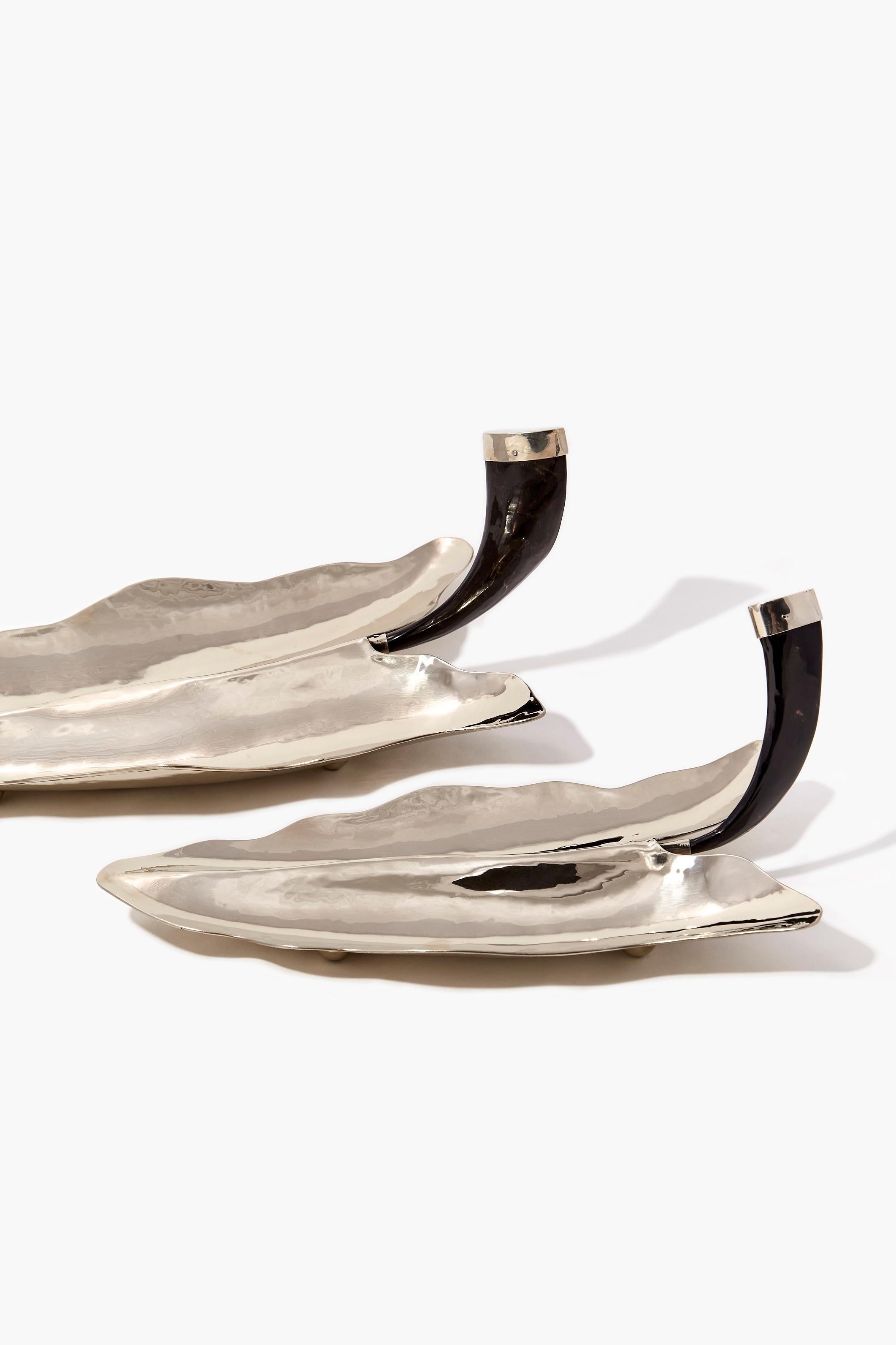 Organic Modern Cala Leaf Small Tray, Horn & Alpaca Silver For Sale