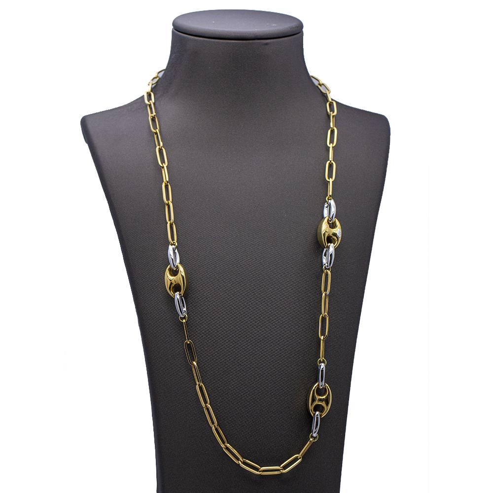 Collier en or avec chaîne articulée pour femmes : 22,30 grammes : Creux : 58 cm de long : Fermoir mousqueton : Or jaune et or blanc 18kt : Produit neuf : Ref : D359693LF
