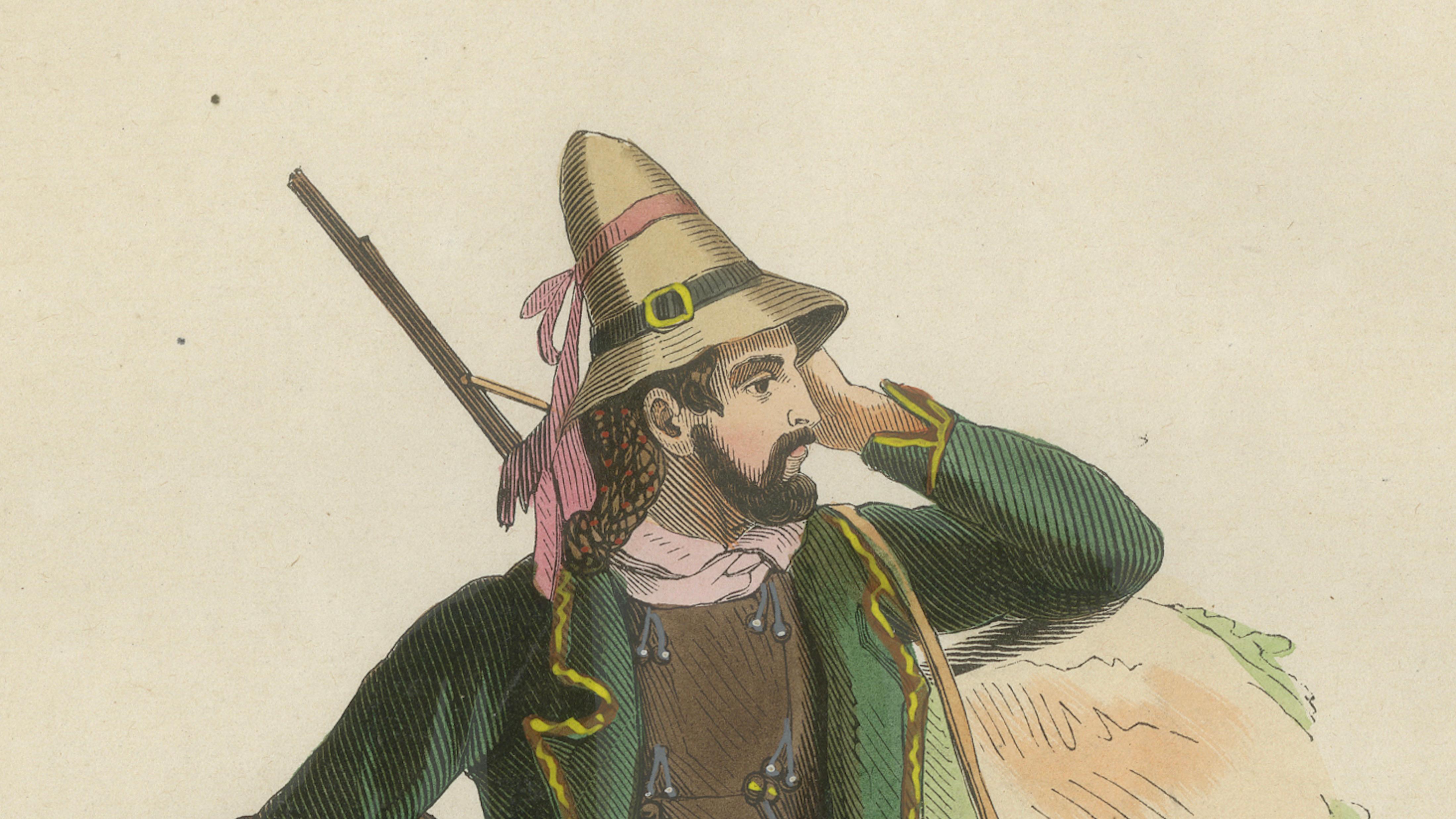 Calabrian Countryman (Italy) in Traditional Dress - Antique Lithograph, c.1852