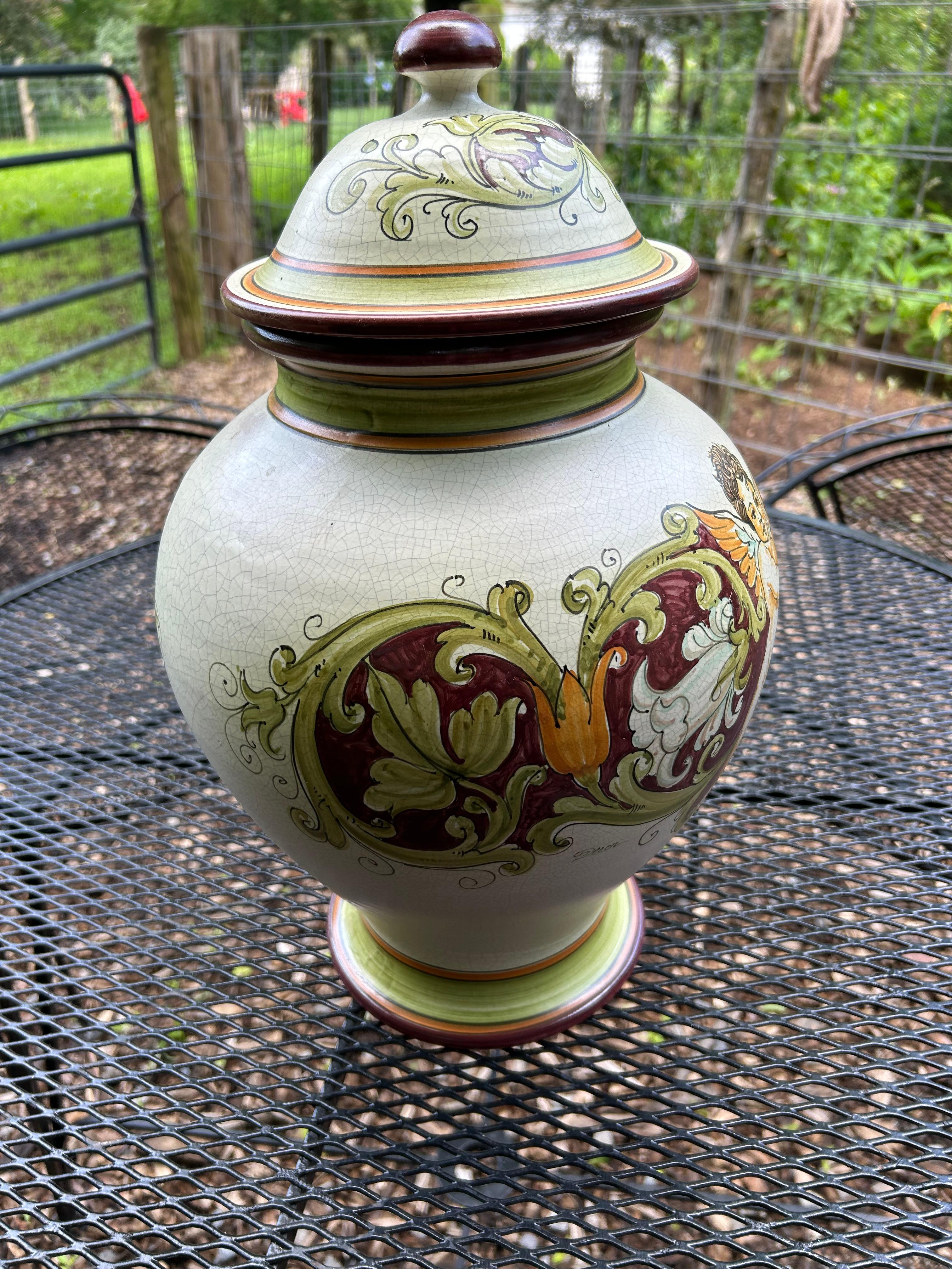 Pottery Calabrian Italian Ceramic Lidded Urn with Cherub For Sale