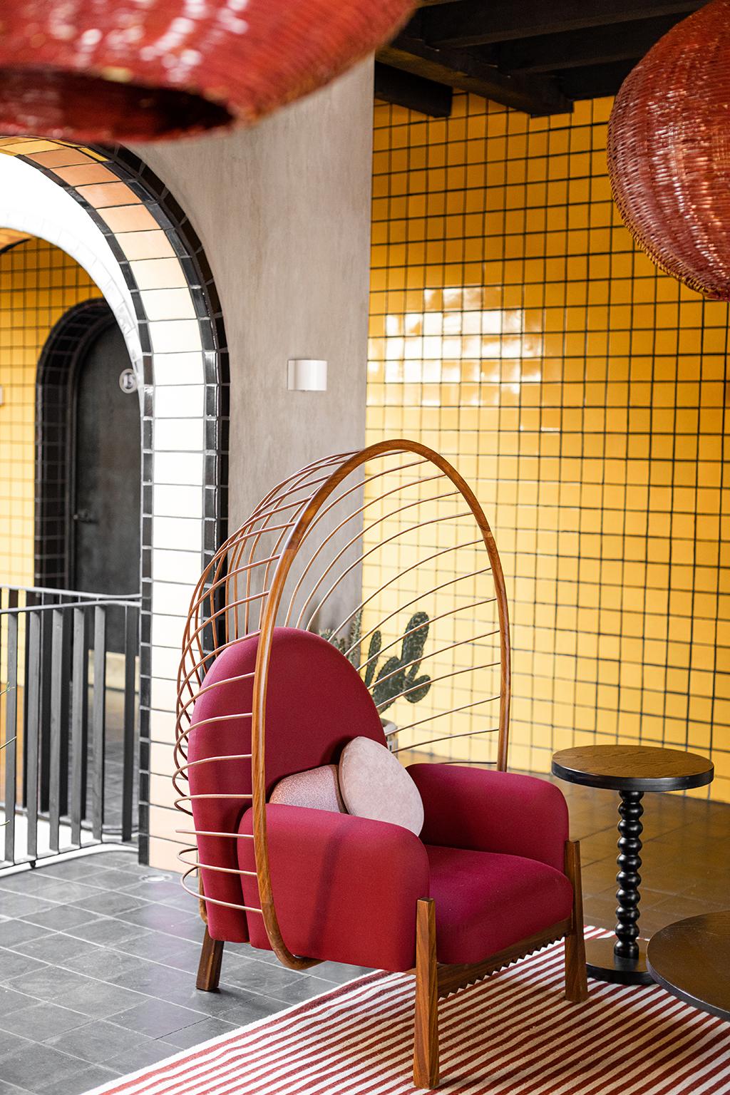 Mexican Modern Armchair Calaca, Solid Wood and Upholstery. For Sale