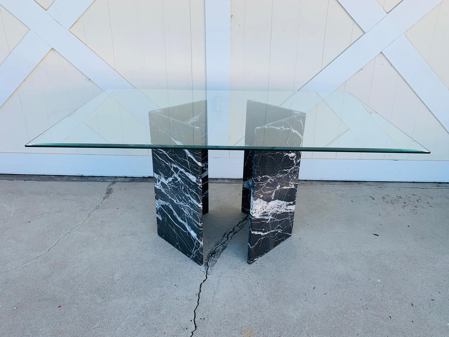 Modern Calacatta Black Marble Pedestal Table with a Glass Top
