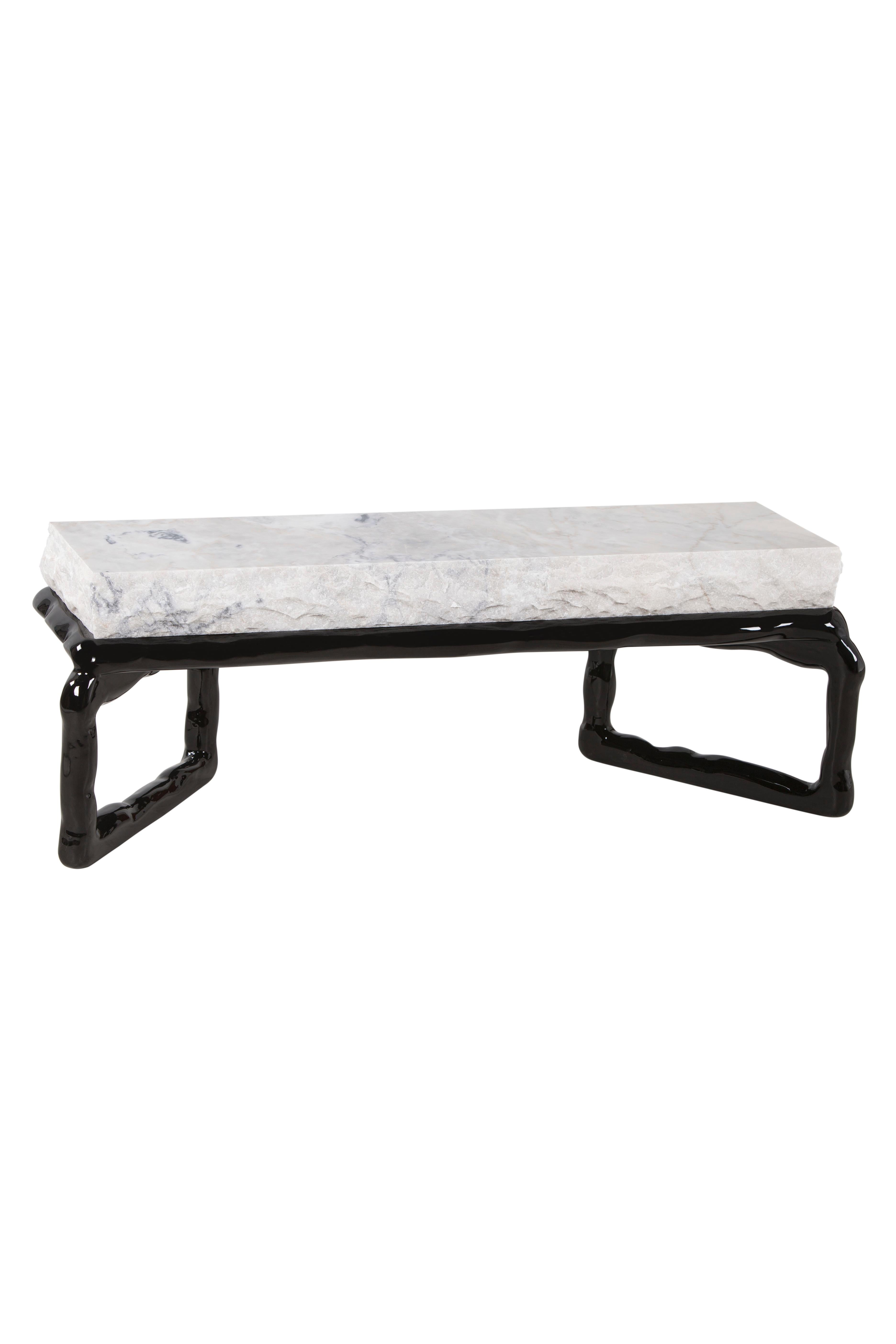 Calacatta Cremo marble coffee table by Green Apple
Dimensions: H 45 x W 135 x D 50 cm
Materials: Black lacquer; high-gloss finish
Calacatta Cremo marble; matt

Wooden coffee table with top in matt Calacatta Cremo marble. Base lacquered in