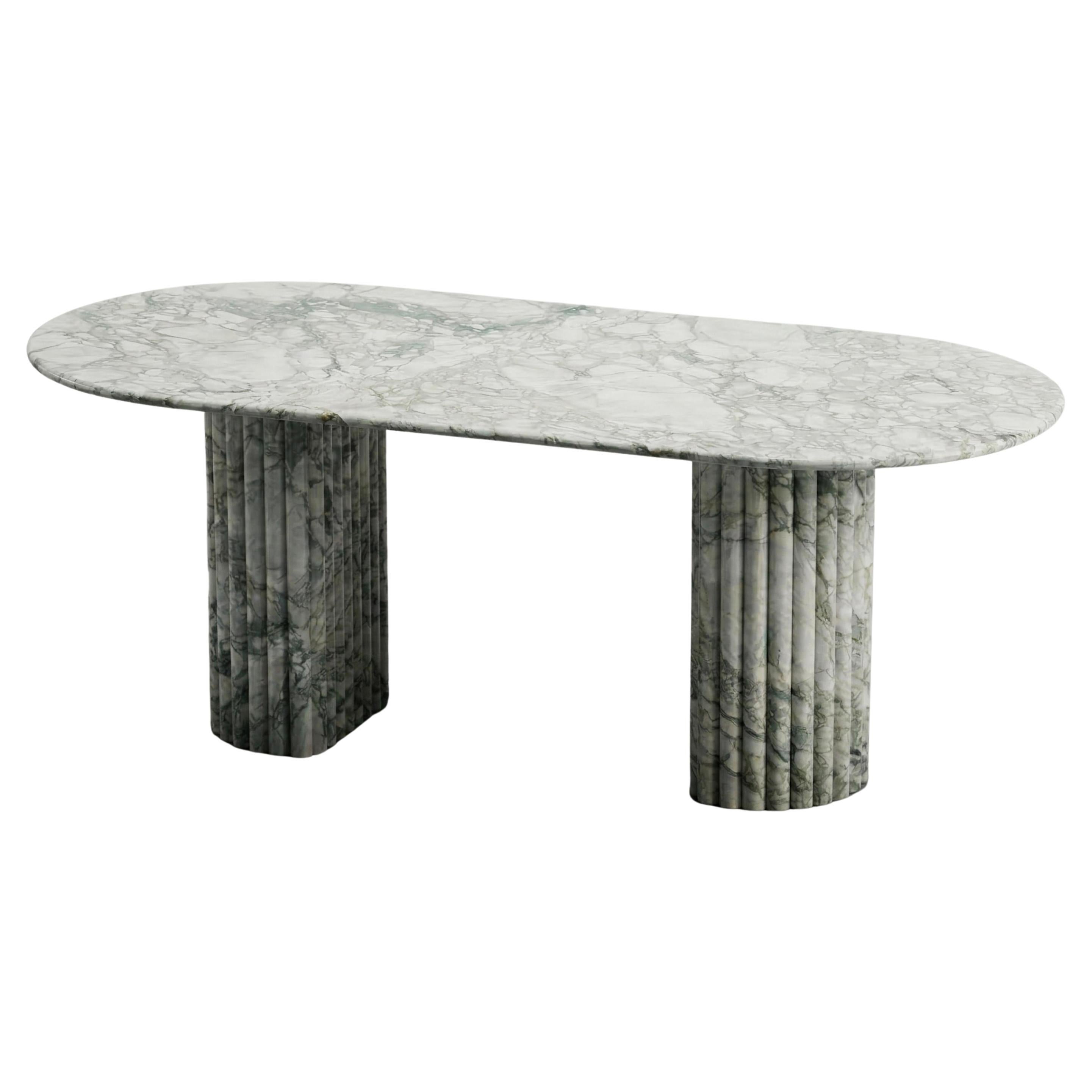 Calacatta Green Marble Dining Table, Fluted Marble Customizable Table For Sale