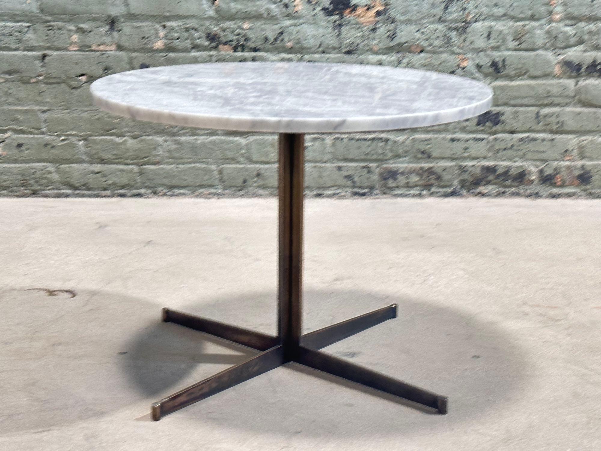 Calacatta Marble and Solid Bronze Base Side/End Table, 1970. Original and very heavy. Brass has a beautiful patina. In the style of Nicos Zographos.