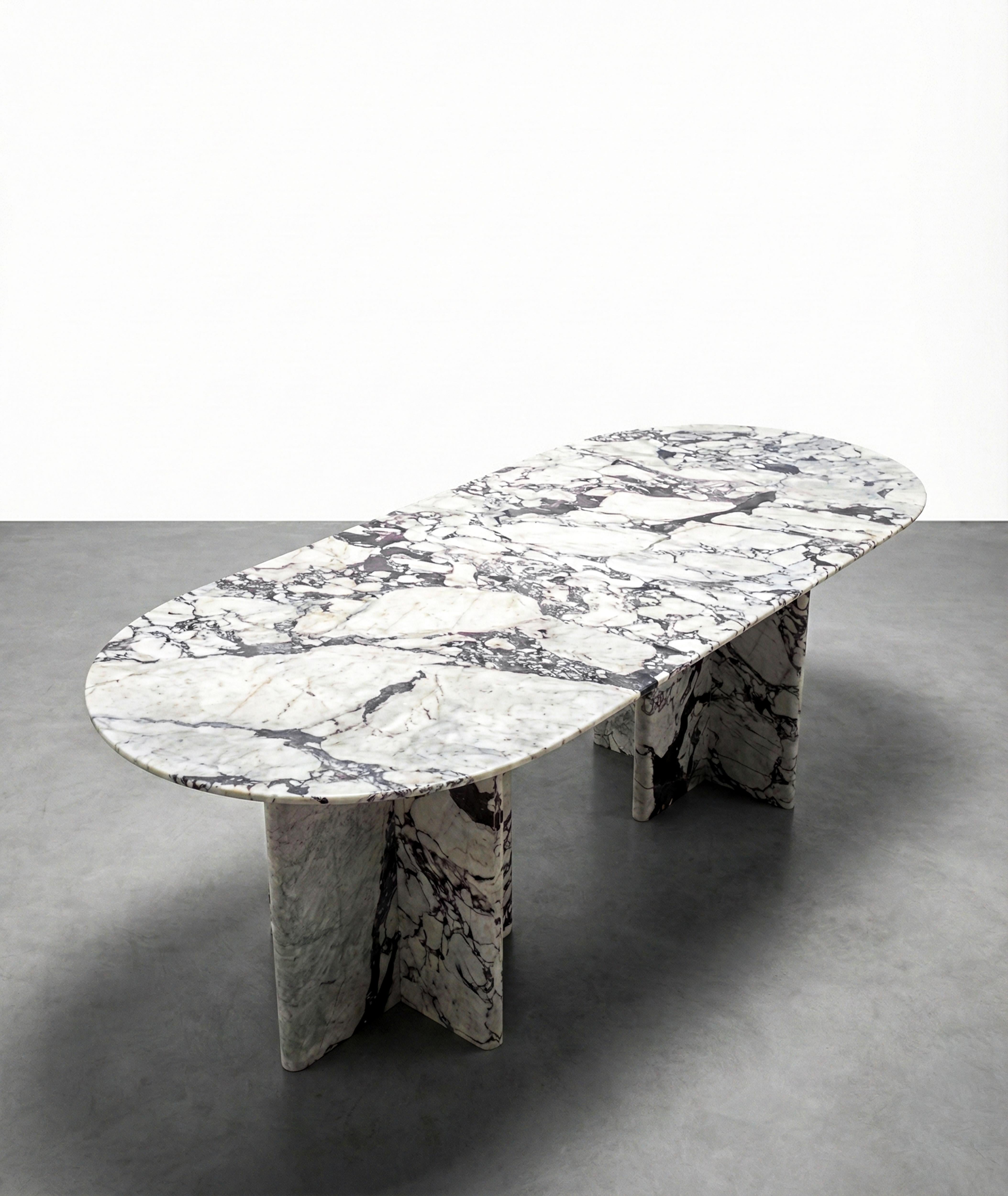 Turco Calacatta Viola Marble Monolith Dining Table, Custom Made White Marble Table in vendita