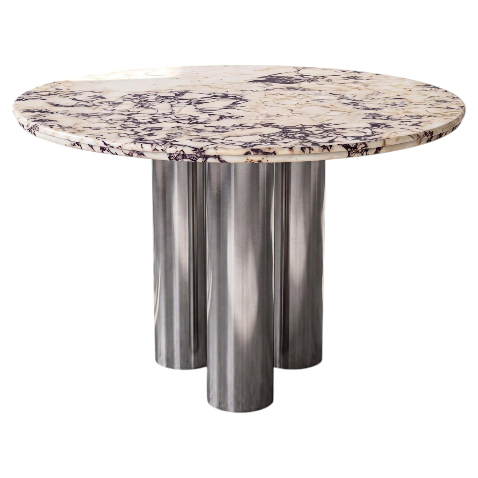 Calacatta Viola Marble Round Table Stainless Steel Base, Double Bullnose Edge