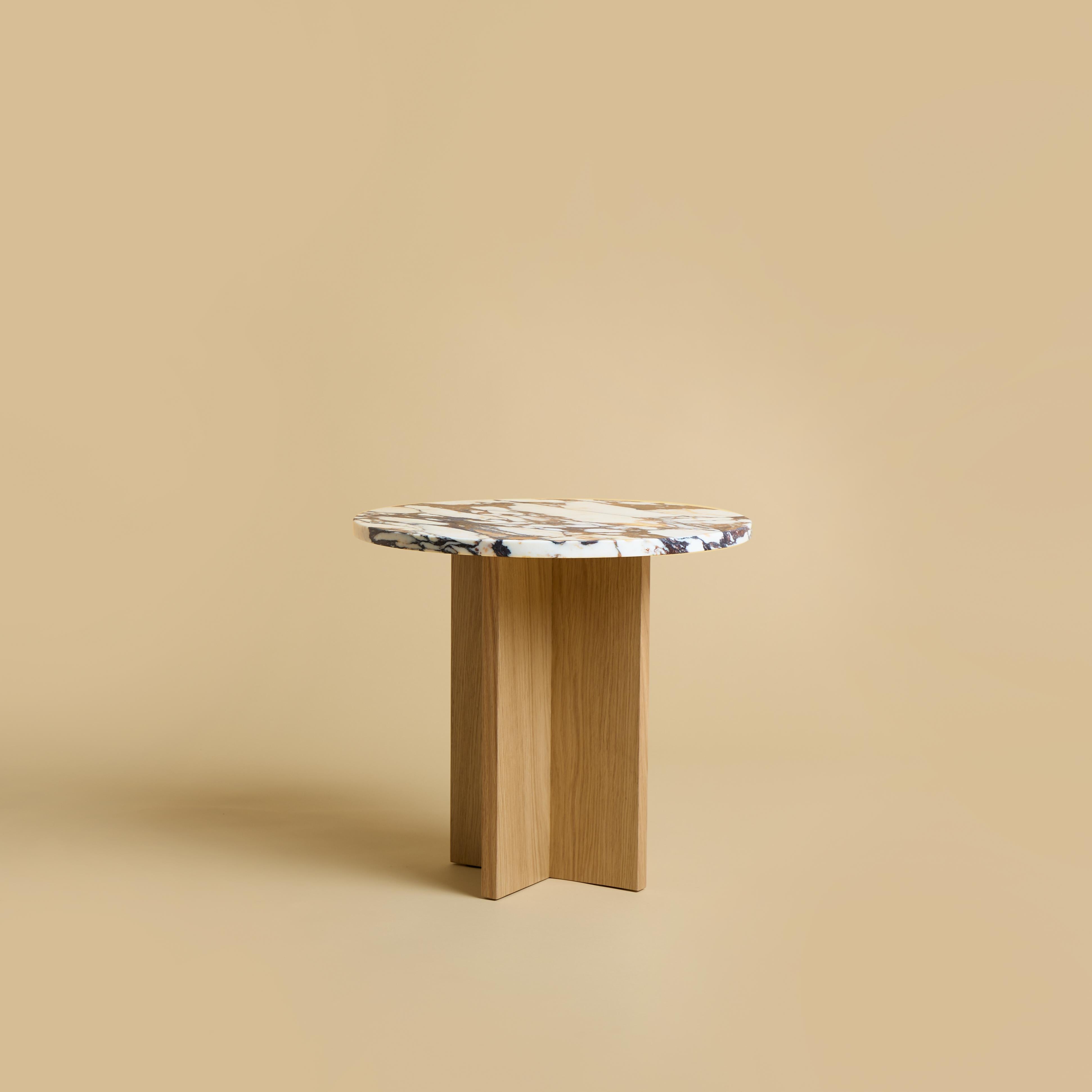 Calacatta Violet and Oak Sherman Side Table by Lebanto
Dimensions: W 45 x D 45 x H 39 cm
Materials: Oak wood and marble.

Lebanto is an expression of identity, a tapestry of dreams woven from the threads of their lives. Their journey began with a