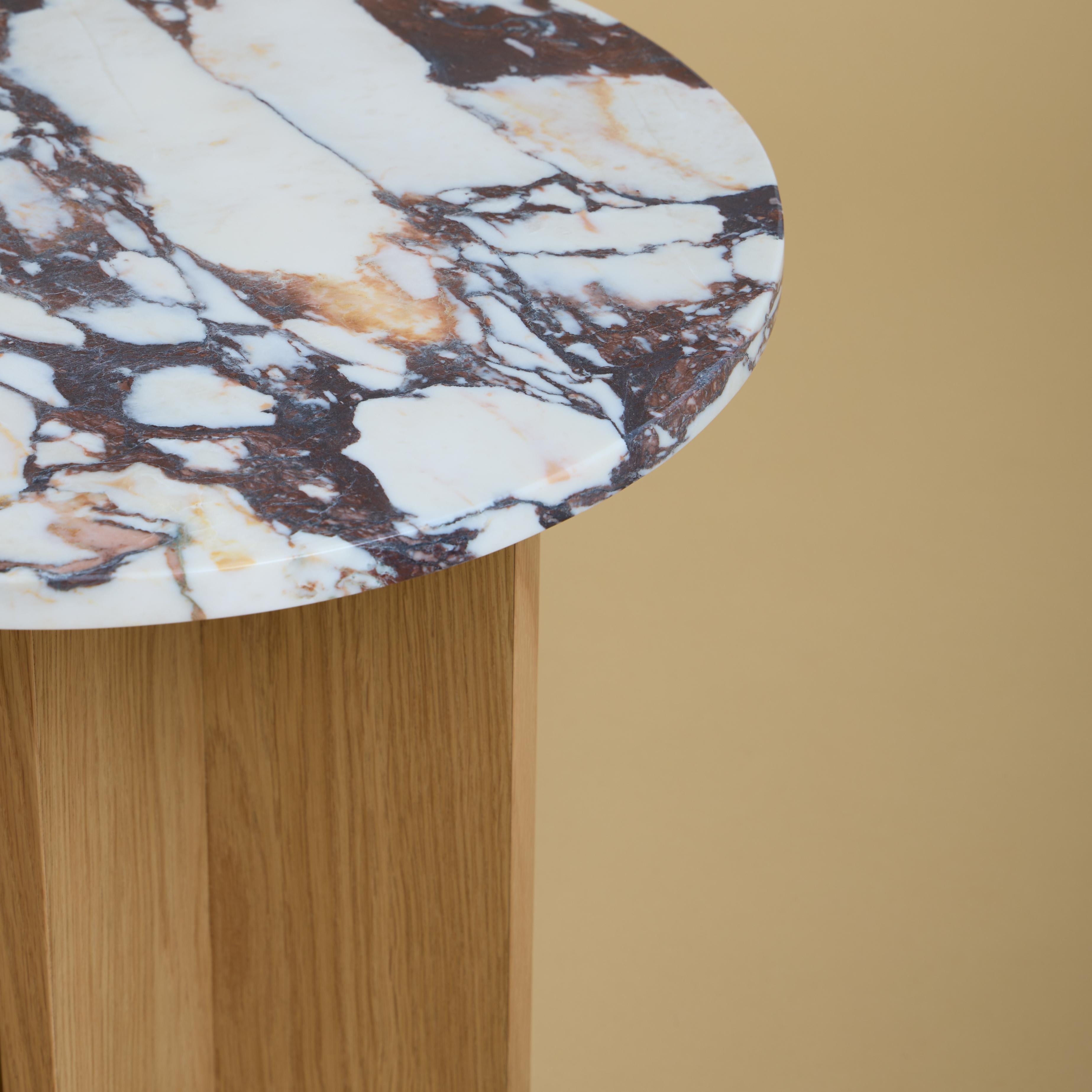 Italian Round Calacatta Violet Marble Top and Natural Oak Side Table by Lebanto For Sale