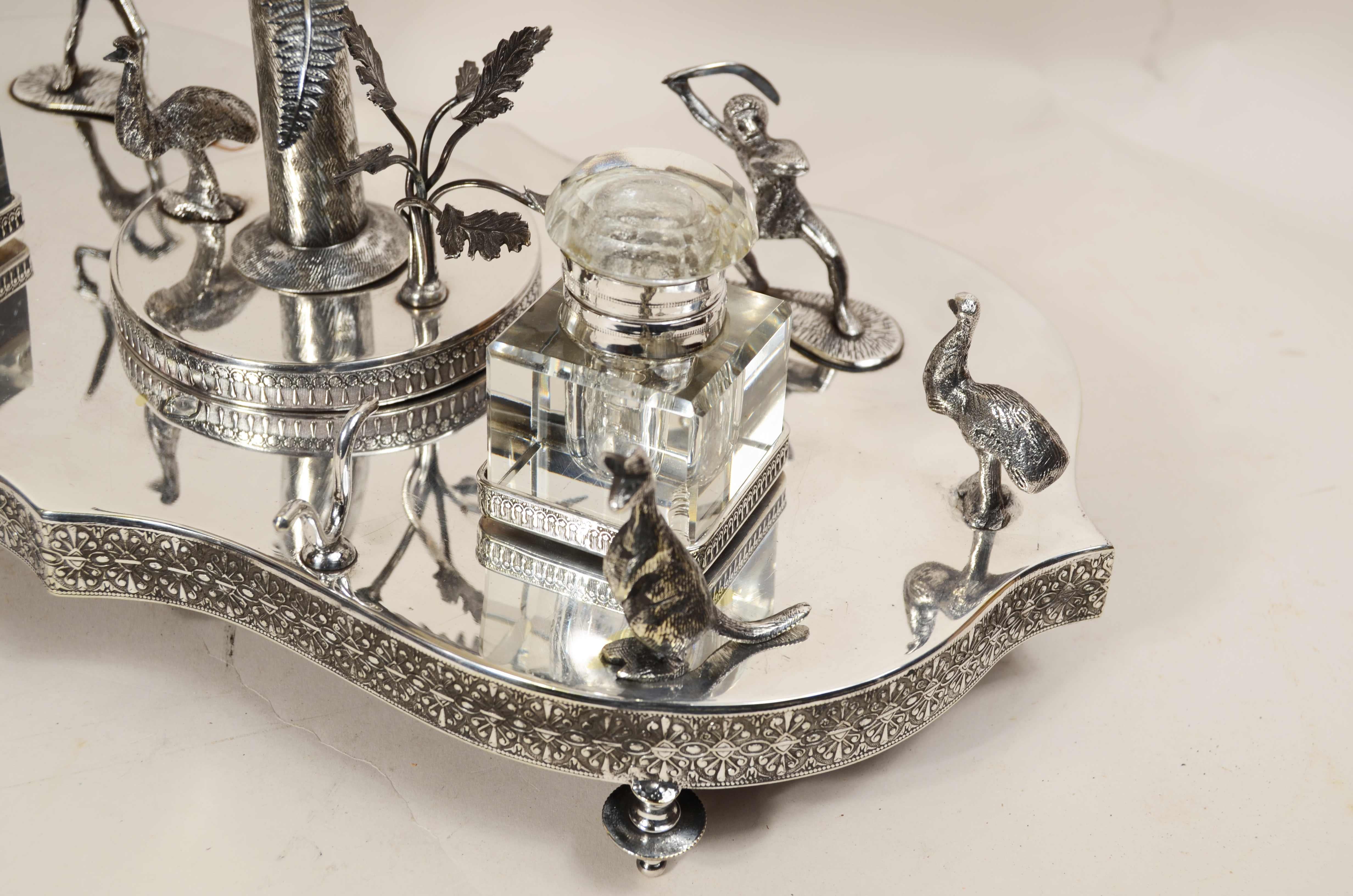 Victorian-era silver plate wunderkammer inkwell with emu egg For Sale 5