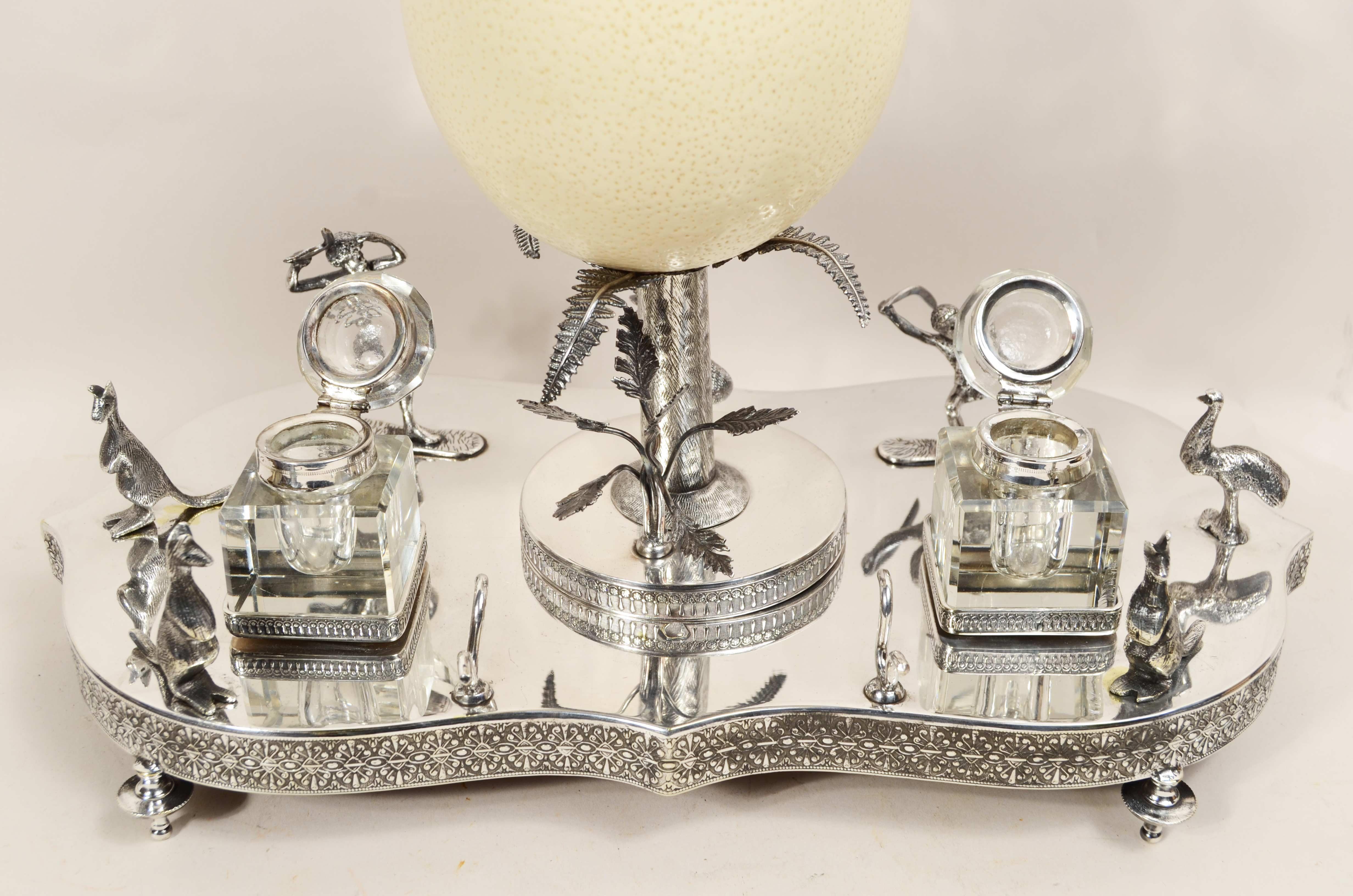 Victorian-era silver plate wunderkammer inkwell with emu egg For Sale 6