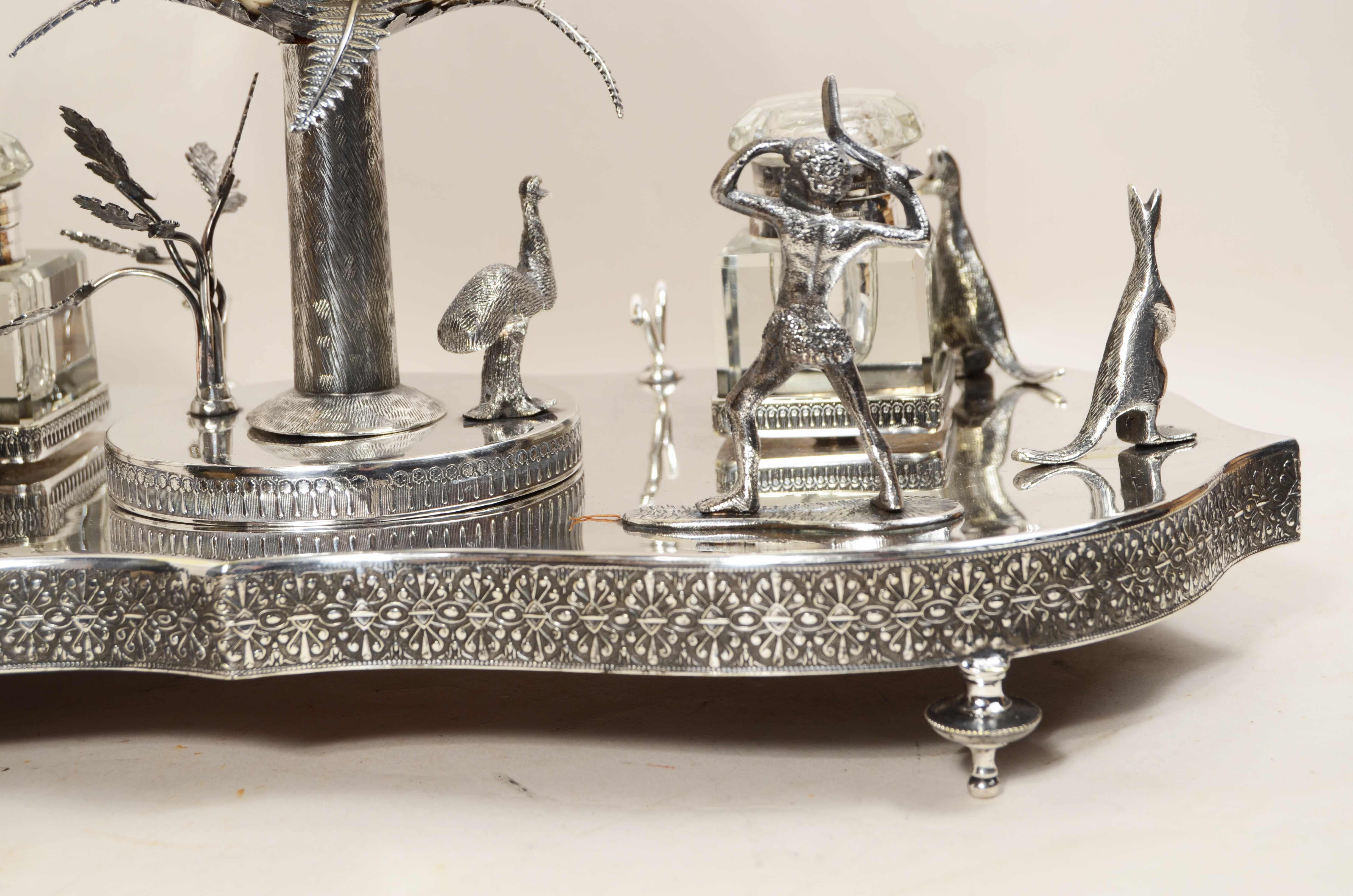 Victorian-era silver plate wunderkammer inkwell with emu egg For Sale 8