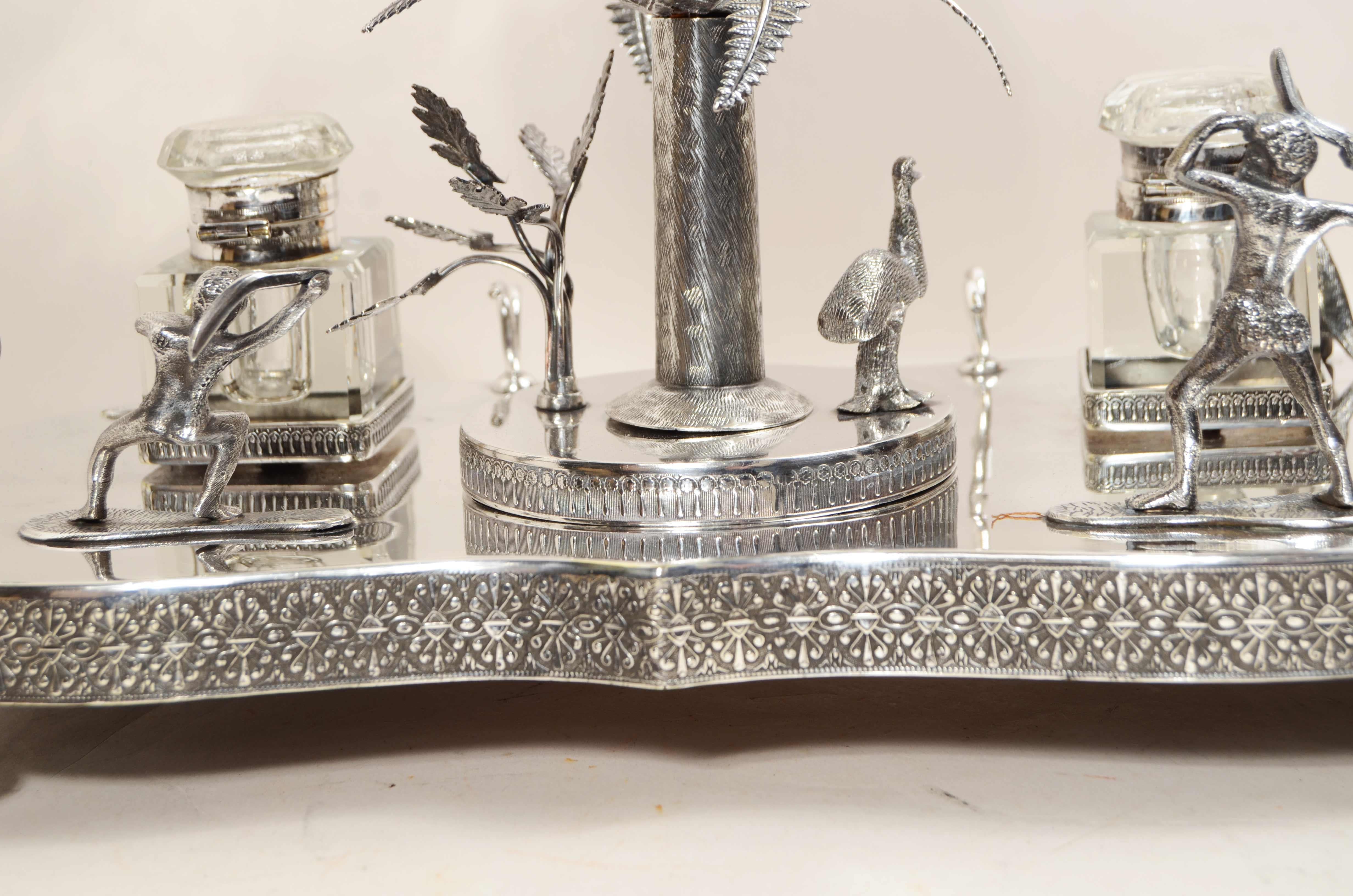 Victorian-era silver plate wunderkammer inkwell with emu egg For Sale 9