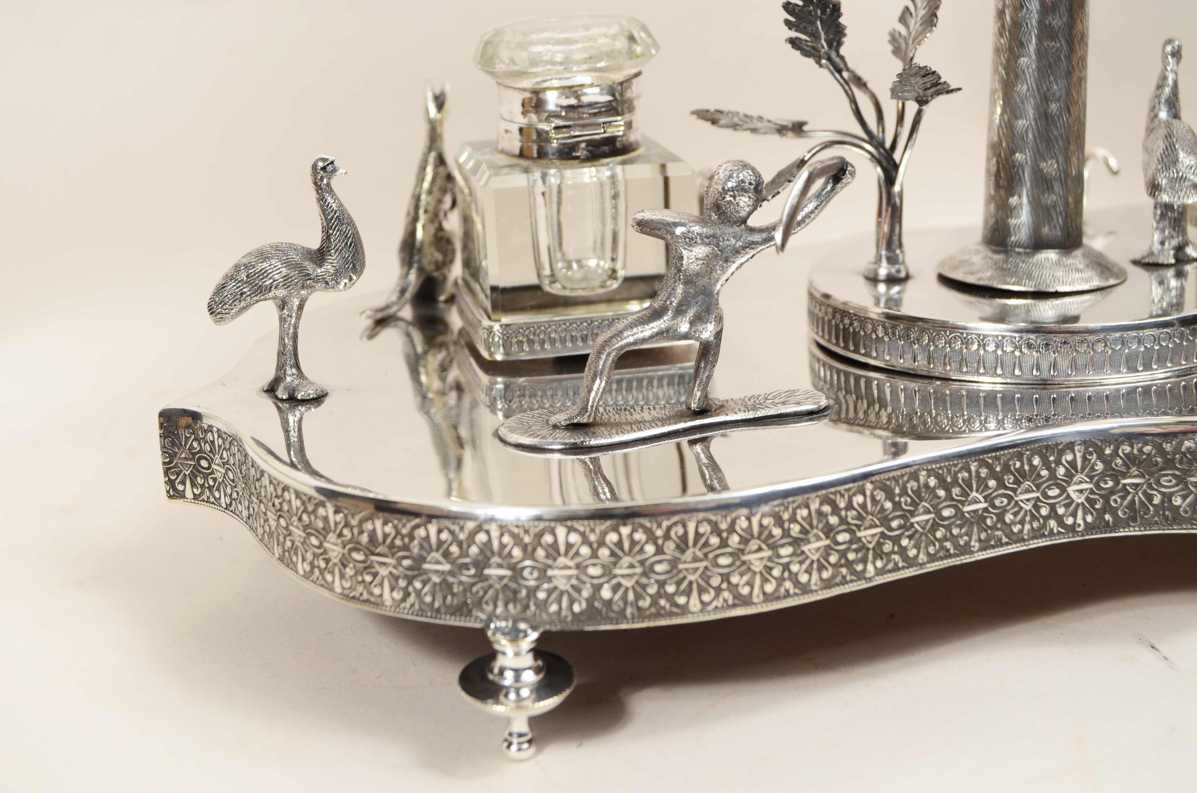 Victorian-era silver plate wunderkammer inkwell with emu egg For Sale 10