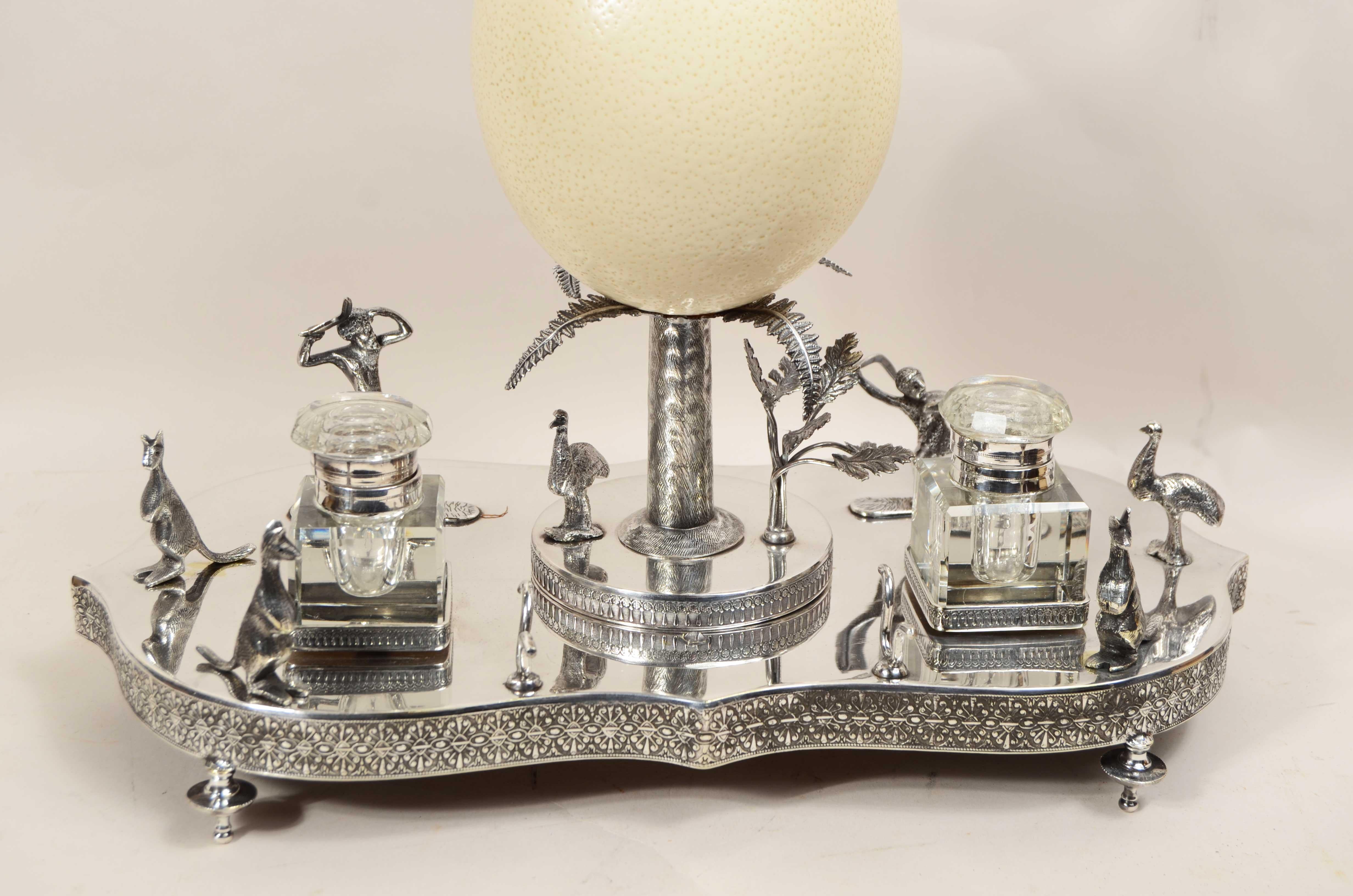 Metal Victorian-era silver plate wunderkammer inkwell with emu egg For Sale