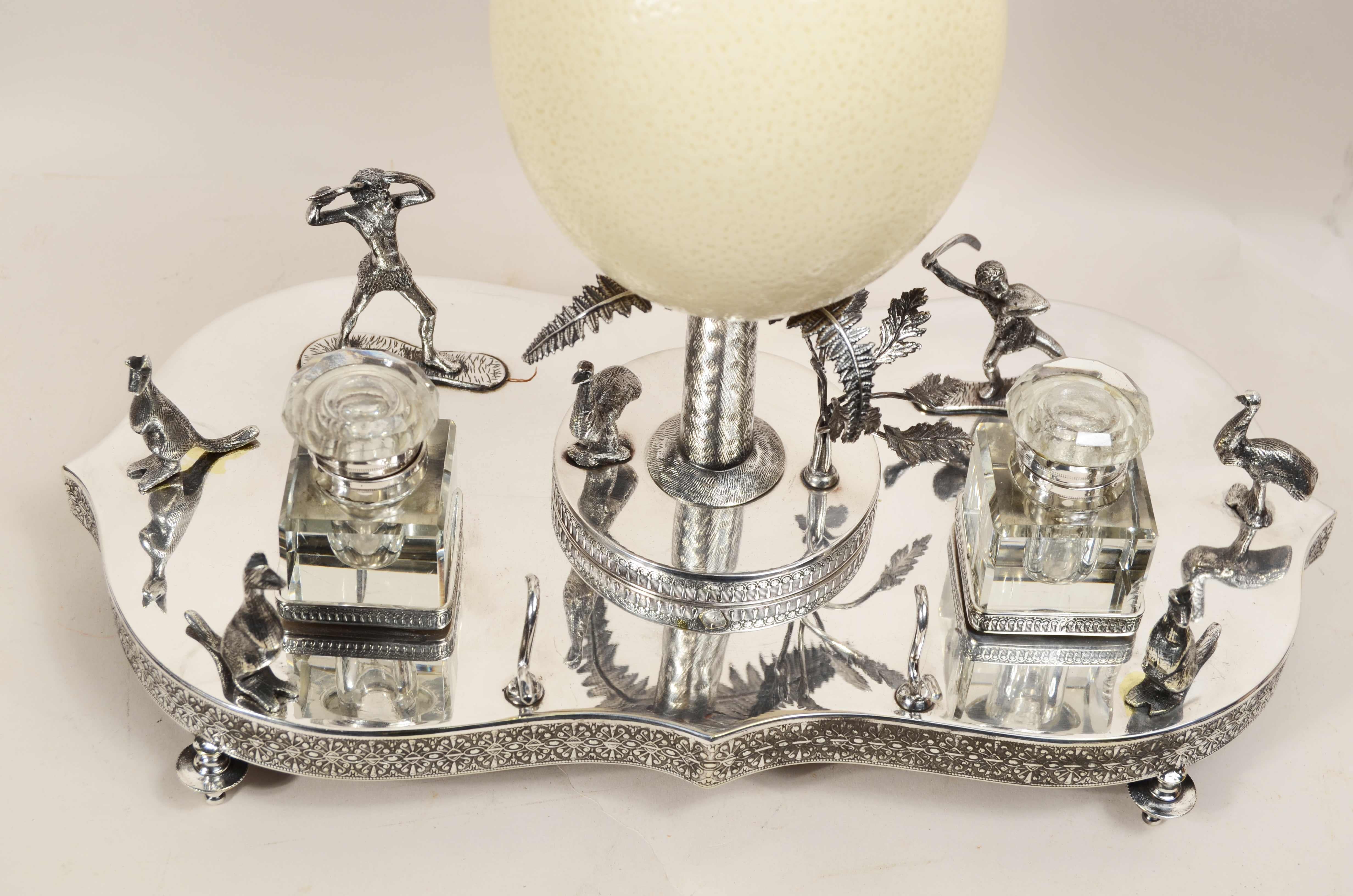 Victorian-era silver plate wunderkammer inkwell with emu egg For Sale 2