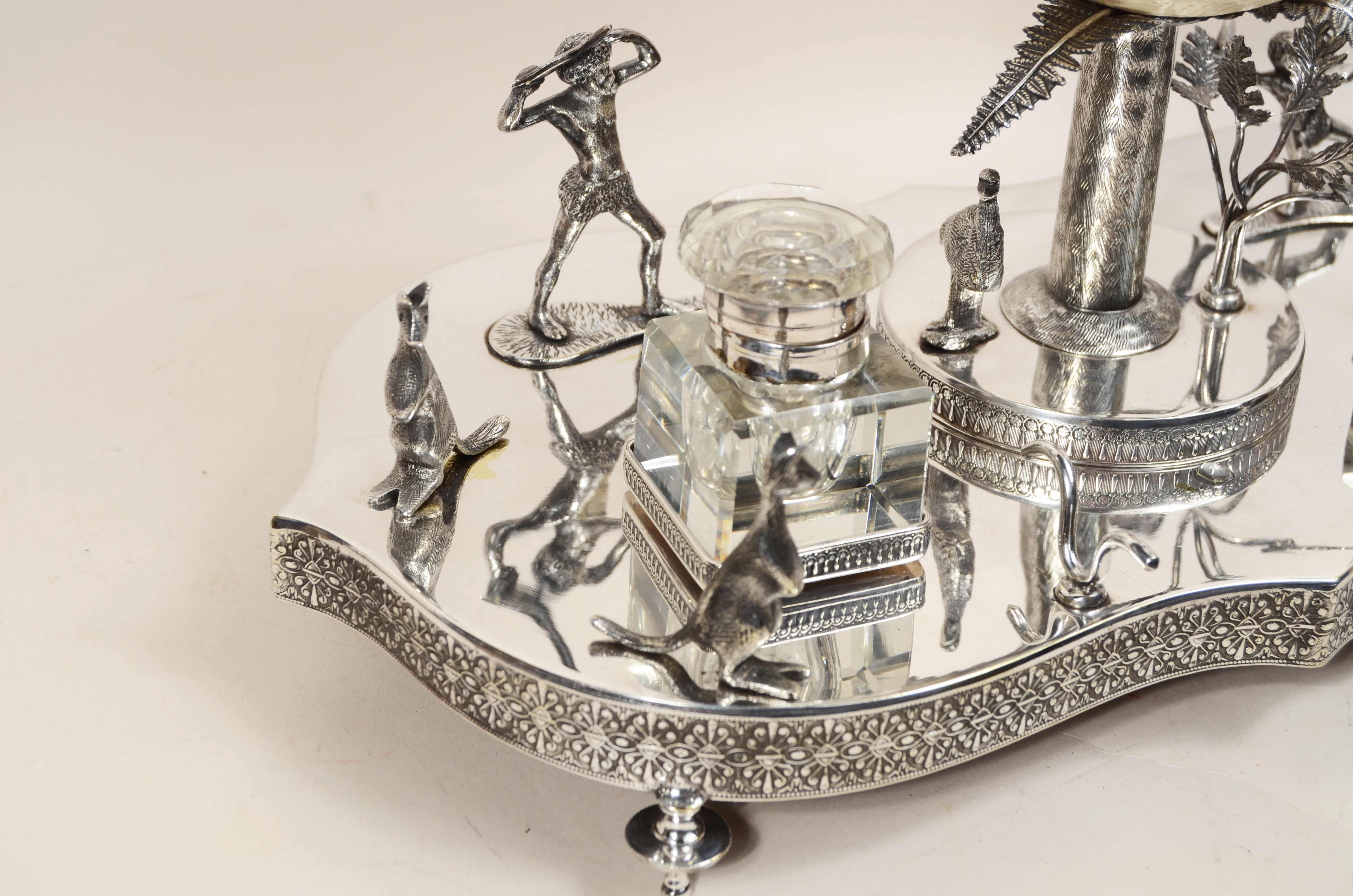 Victorian-era silver plate wunderkammer inkwell with emu egg For Sale 3