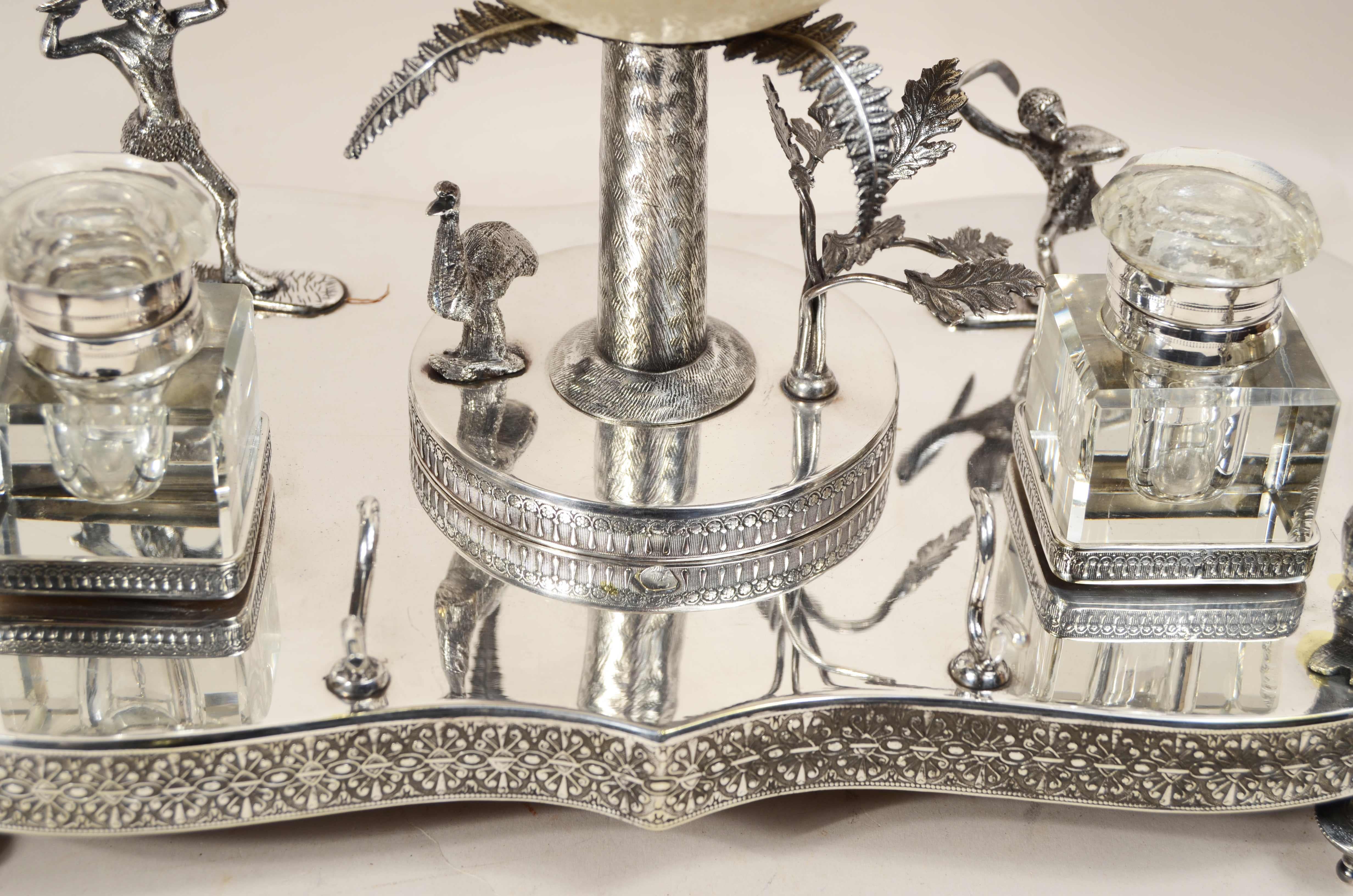Victorian-era silver plate wunderkammer inkwell with emu egg For Sale 4