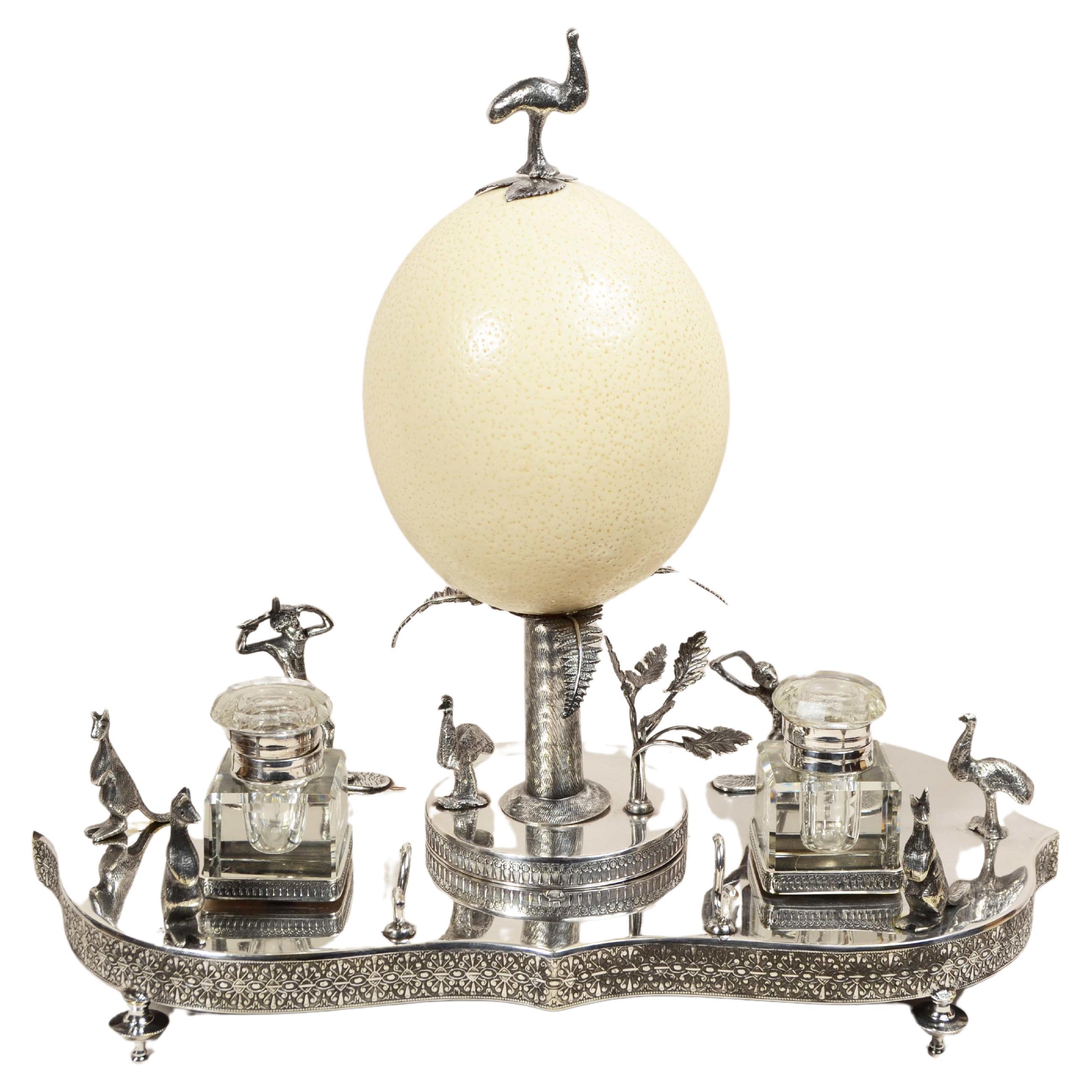 Victorian-era silver plate wunderkammer inkwell with emu egg For Sale