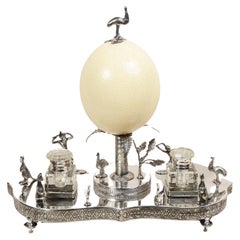 Antique Victorian-era silver plate wunderkammer inkwell with emu egg