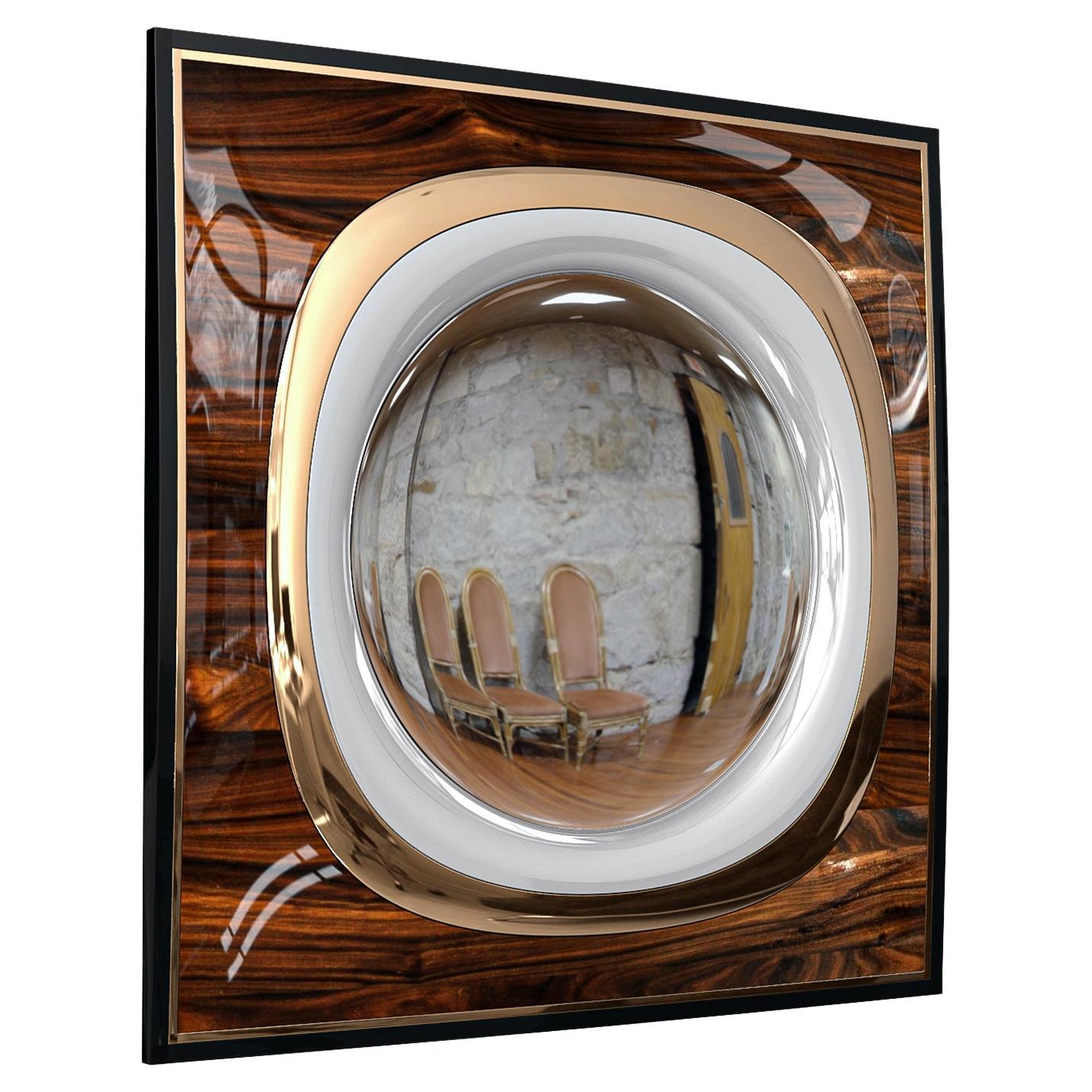 "Calamità" Konvexer Spiegel mit Details aus Nussbaum, Edelstahl und Bronze, Istanbul im Angebot