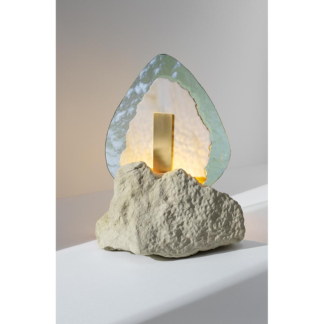 Calanque light sculpture by Precious Artefact
Dimensions: Base: Width 15.74 inches, height 16.53 inches, depth 13.77 inches
Glass height 11.81 inches
Total height 18.50 inches
Materials: Translucent glass sheet hammered green wate, Tufa stone