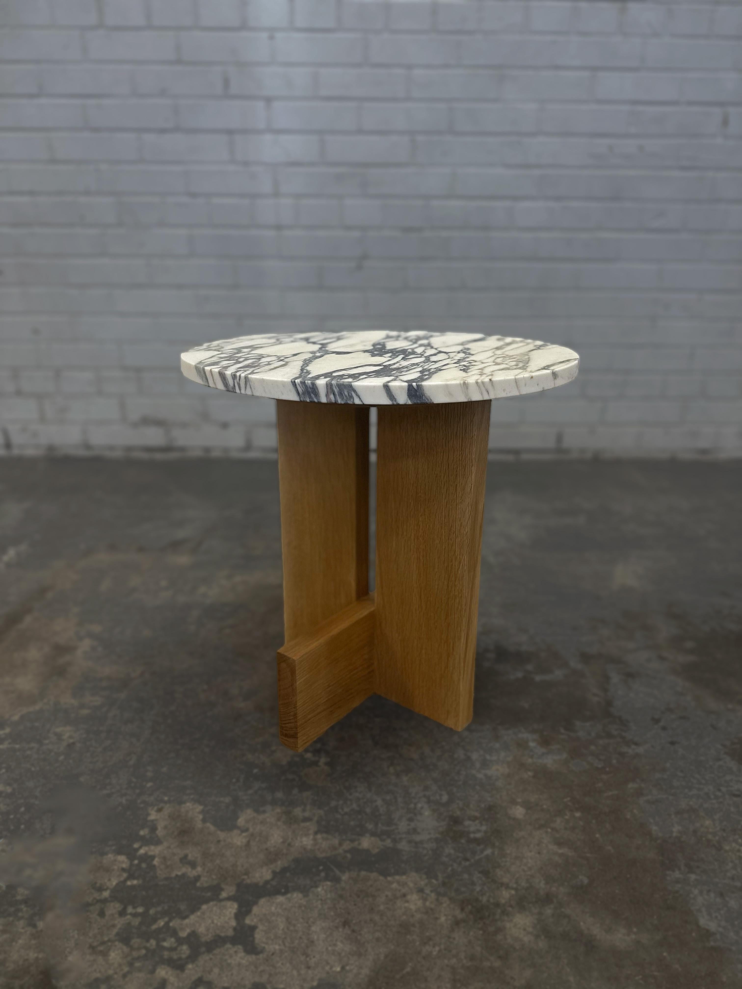 Modern Calcatta Monet Marble & White Oak Axel Side Table by Mary Ratcliffe Studio For Sale