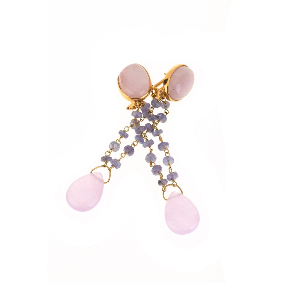 Mixed Cut Calcedonio Tanzanite Jade Gold Earrings For Sale