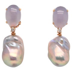 Calcedony and Baroque Pearl Earrings Adorned with Diamonds