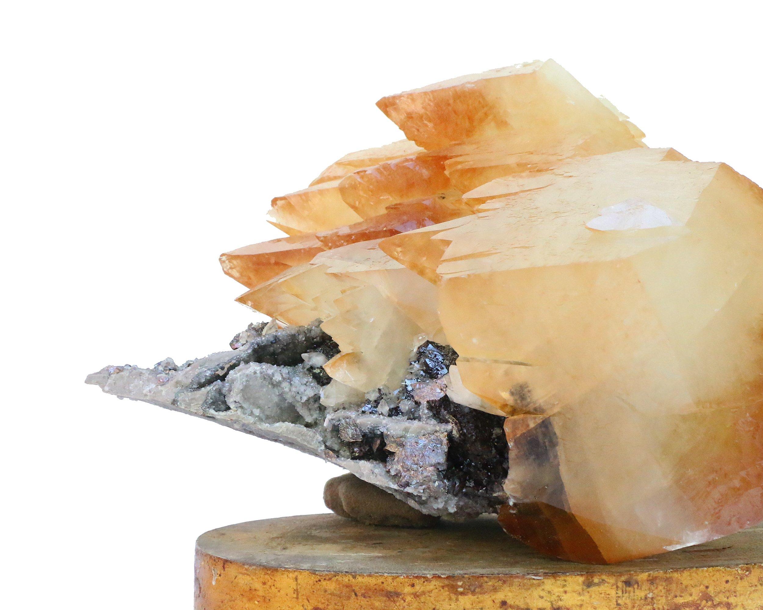 Calcite crystal with sphalerite in matrix on a coordinating 18th century Italian mecca altar base. This specimen comes from the Elmwood Mine and is unusually large calcite crystal. It is an example of the world's finest crystallized calcite. With