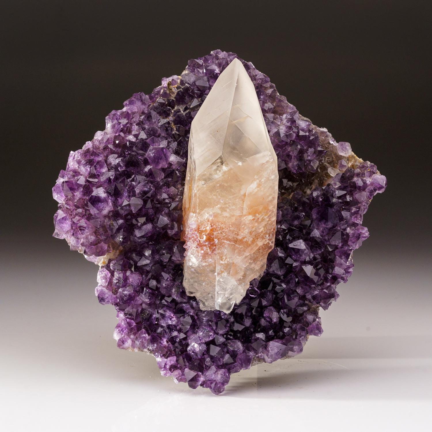 From San Eugenio, Artigas Dept., Uruguay

Large 6'' sharp scalenohedral crystal of Calcite centered on matrix of grape purple translucent to transparent top-quality Uruguayan Amethyst. This piece is in supreme condition and is a top collectable