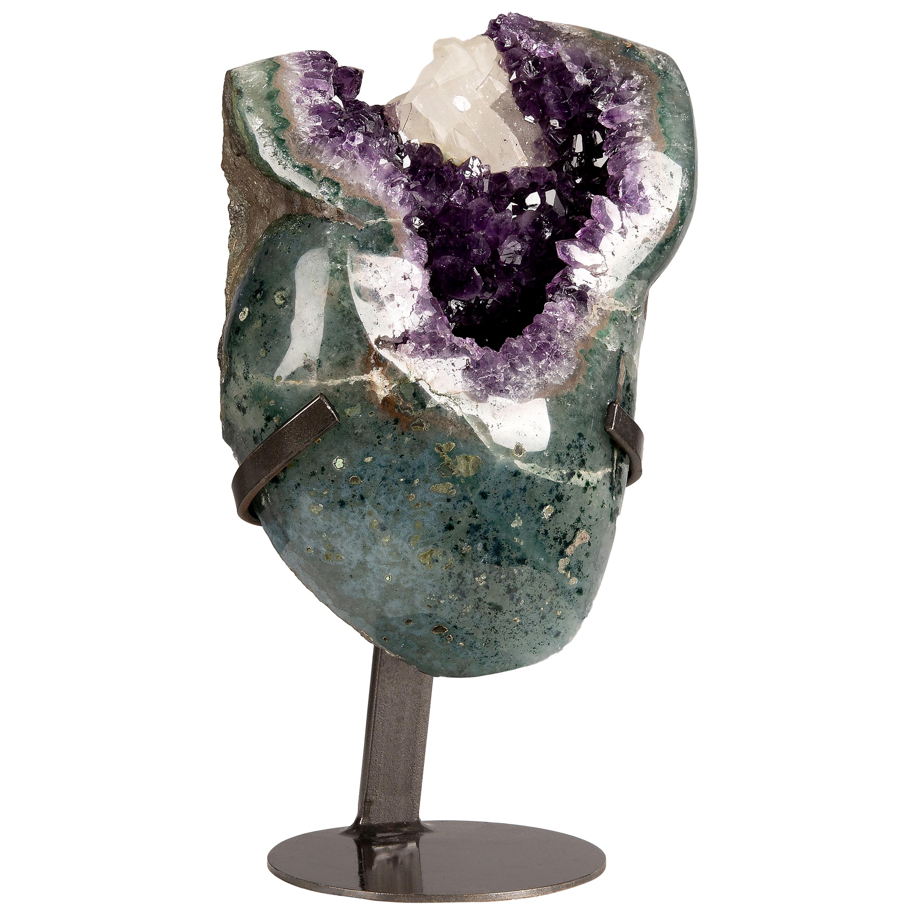 Calcite on Amethyst Surrounded by Agate, White Quartz and Green Celadonite Stand For Sale