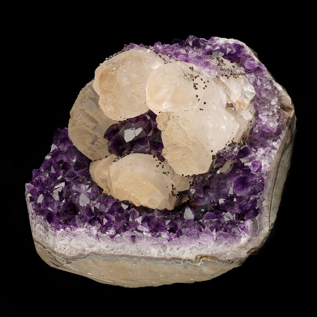Uruguayan Calcite on Amethyst with Goethite For Sale
