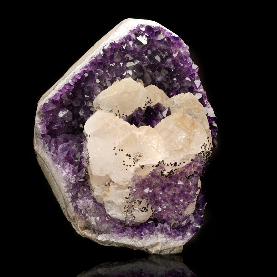 Contemporary Calcite on Amethyst with Goethite For Sale