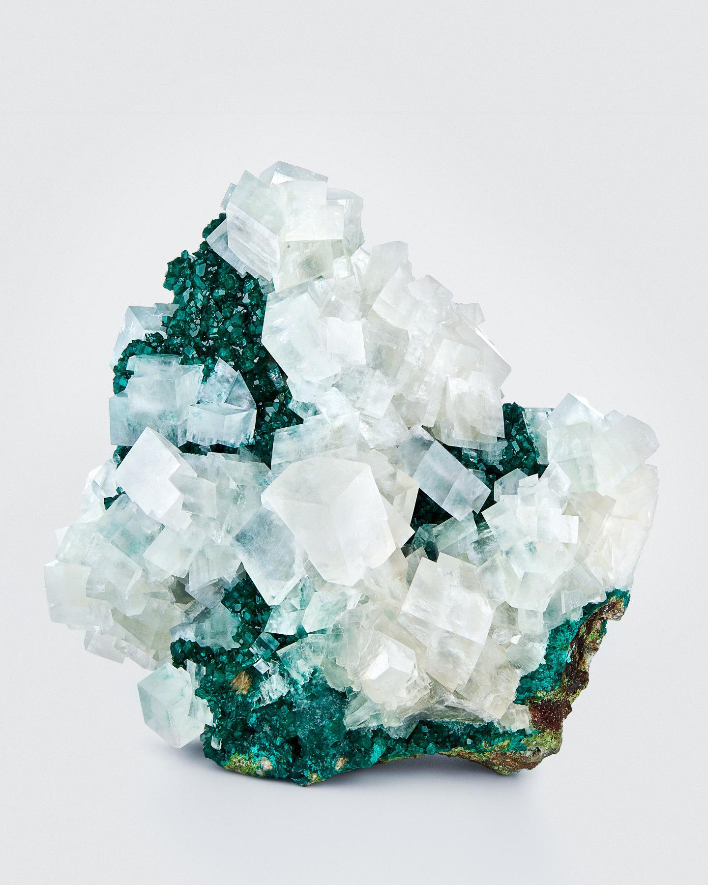 Calcite on Dioptase, Tsumeb Mine, Tsumeb, Oshikoto Region, Namibia In Excellent Condition In New York, NY
