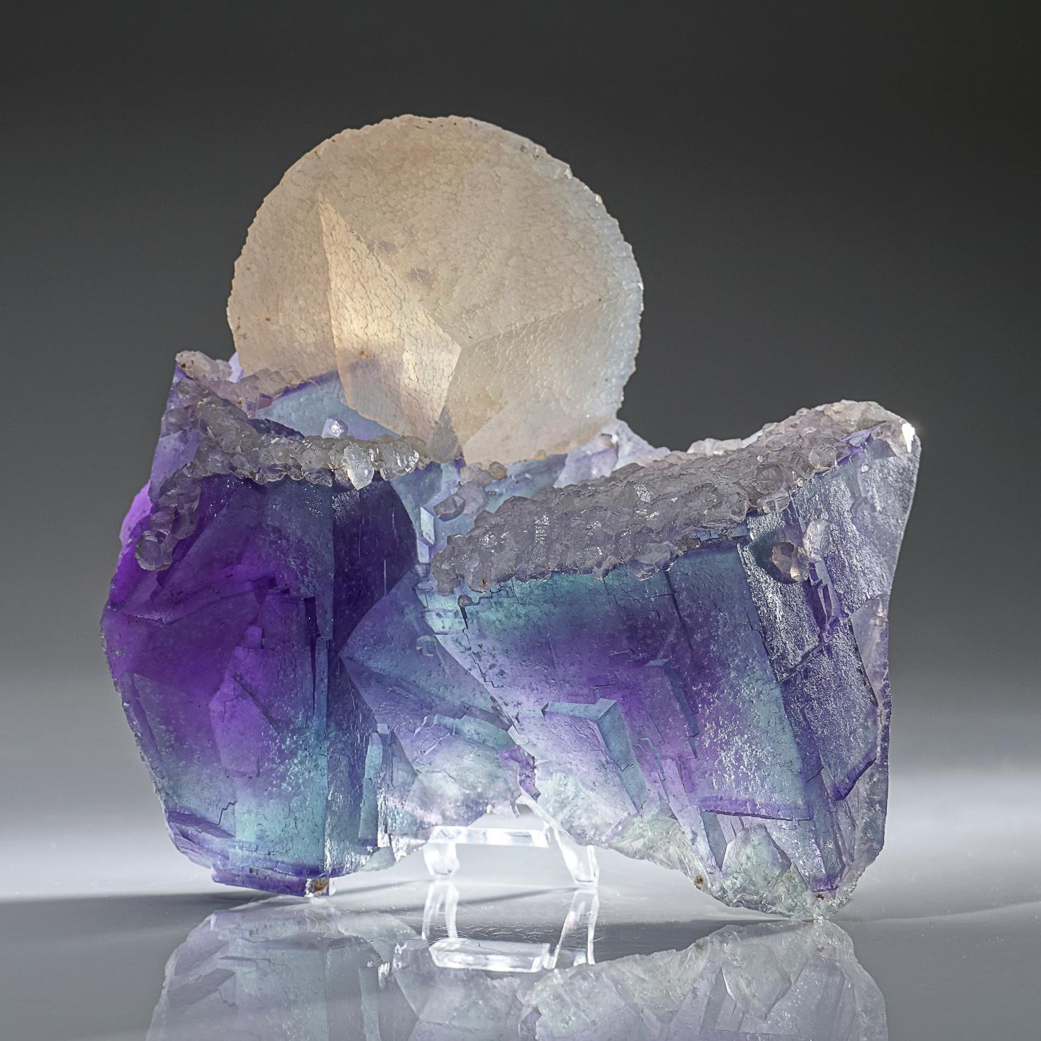 Contemporary Calcite on Purple Fluorite from Xianghualing-Xianghuapu Mines, Hunan, China